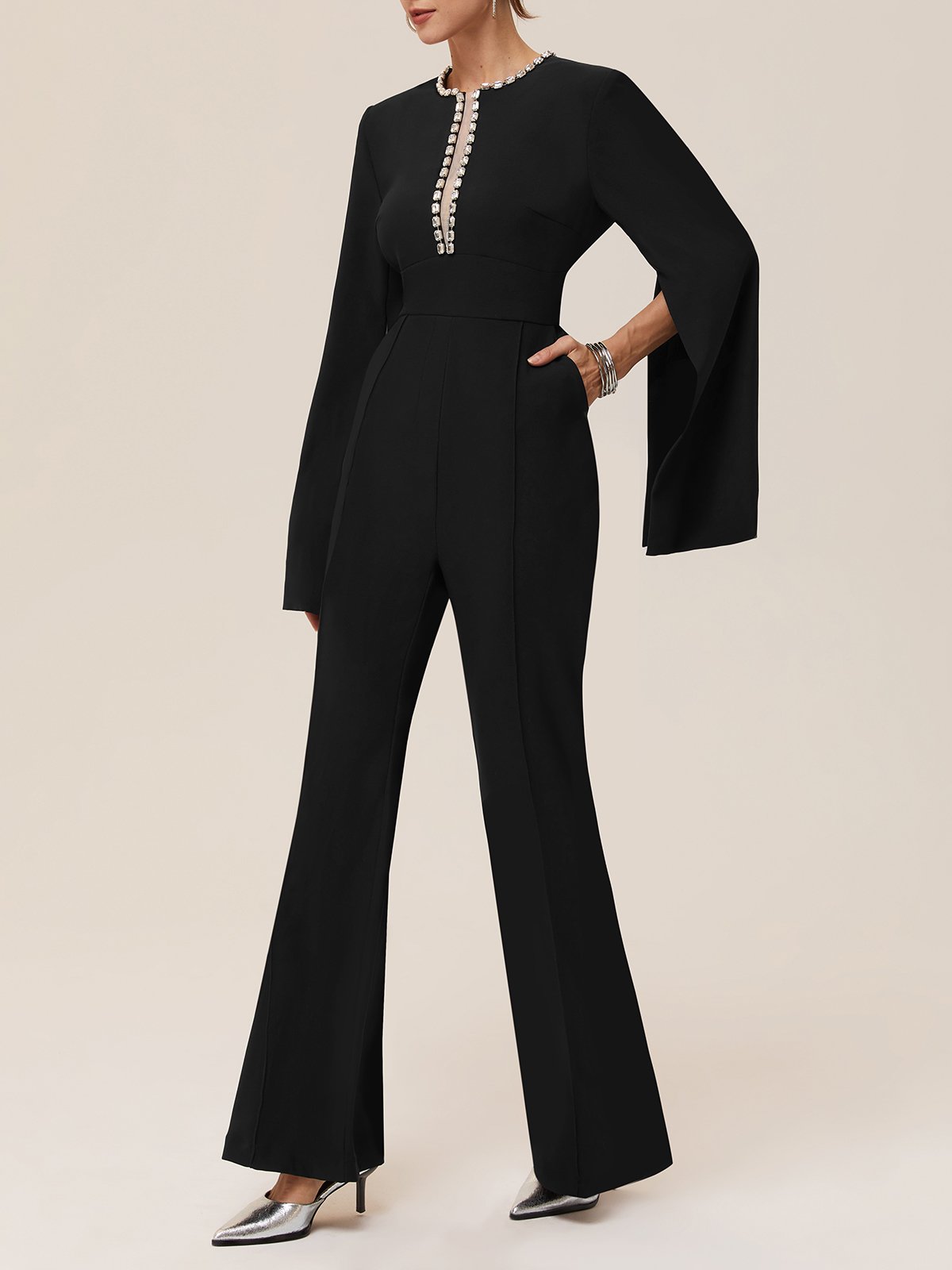 Women Black Rhinestone Split Bell Sleeve Wide-Leg Jumpsuit