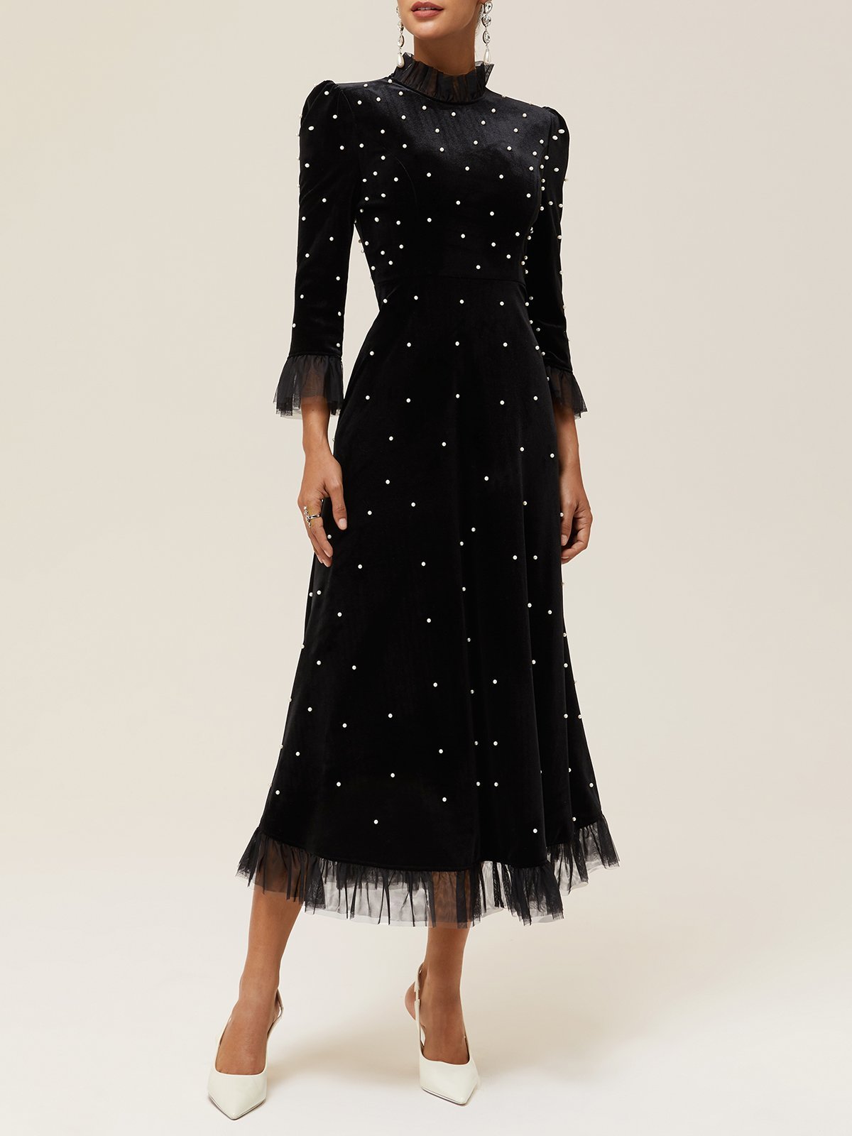 Black Beaded Ruffled Mock Neck Three Quarter Sleeve A-Line Maxi Velvet Dress