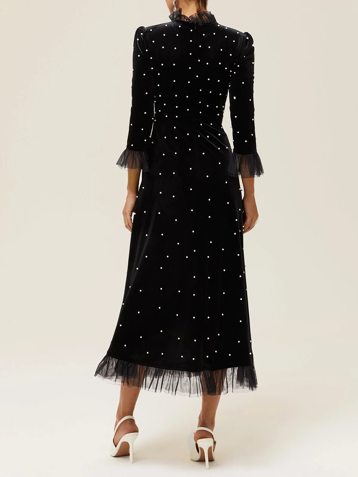 Black Beaded Ruffled Mock Neck Three Quarter Sleeve A-Line Maxi Velvet Dress