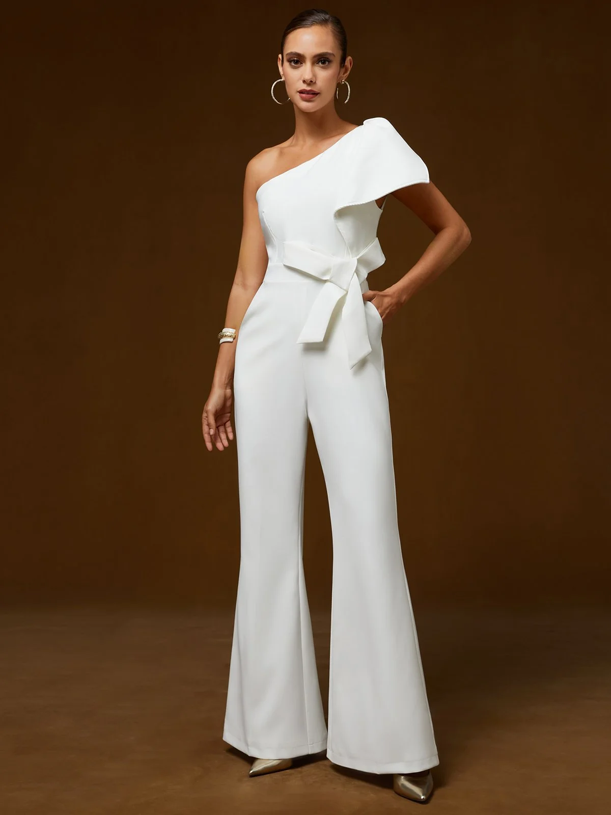 Women White Bow One Shoulder Wide-Leg Jumpsuit