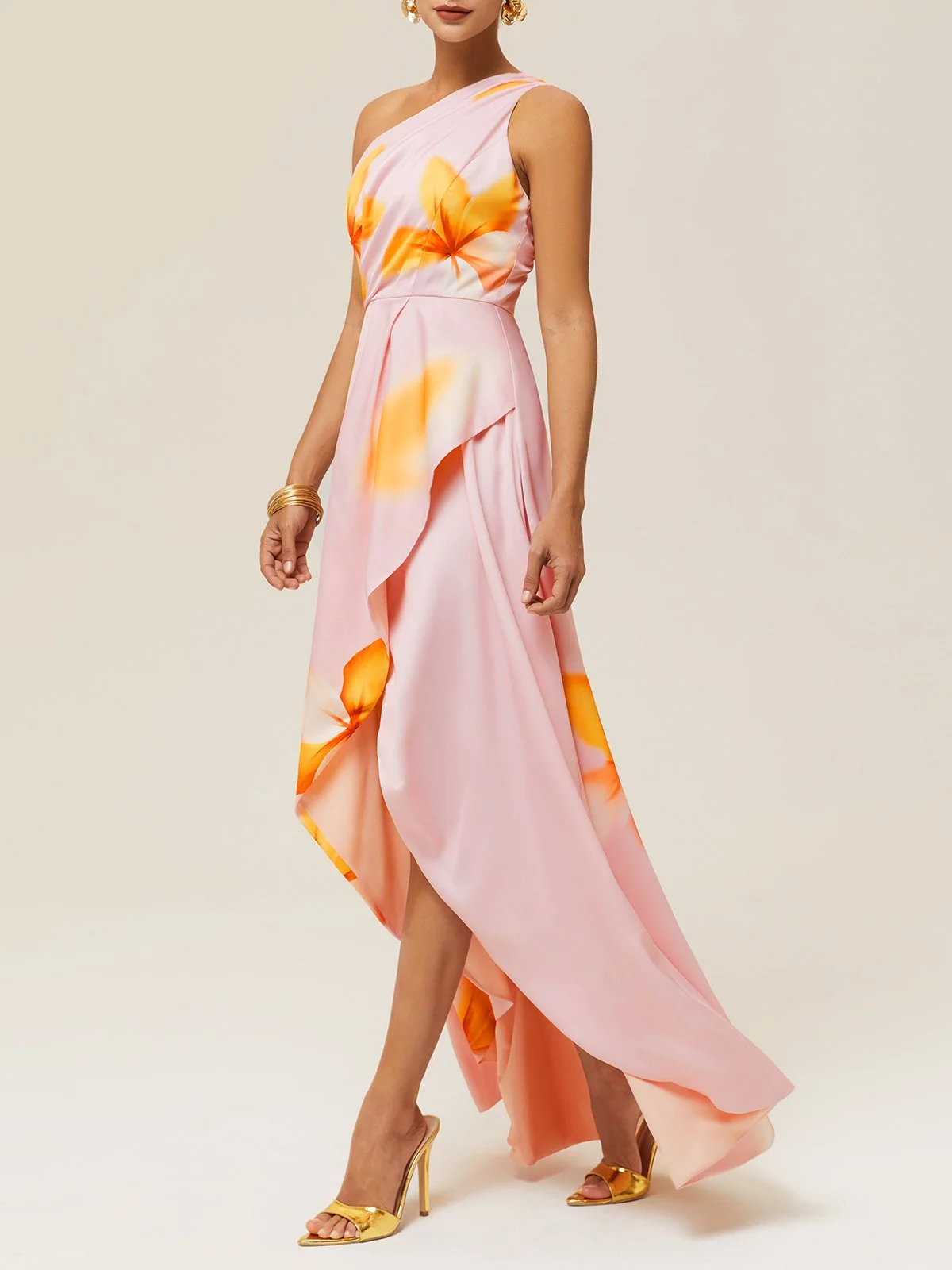 Orange Pink Floral One-Shoulder Slit A-Line Gown