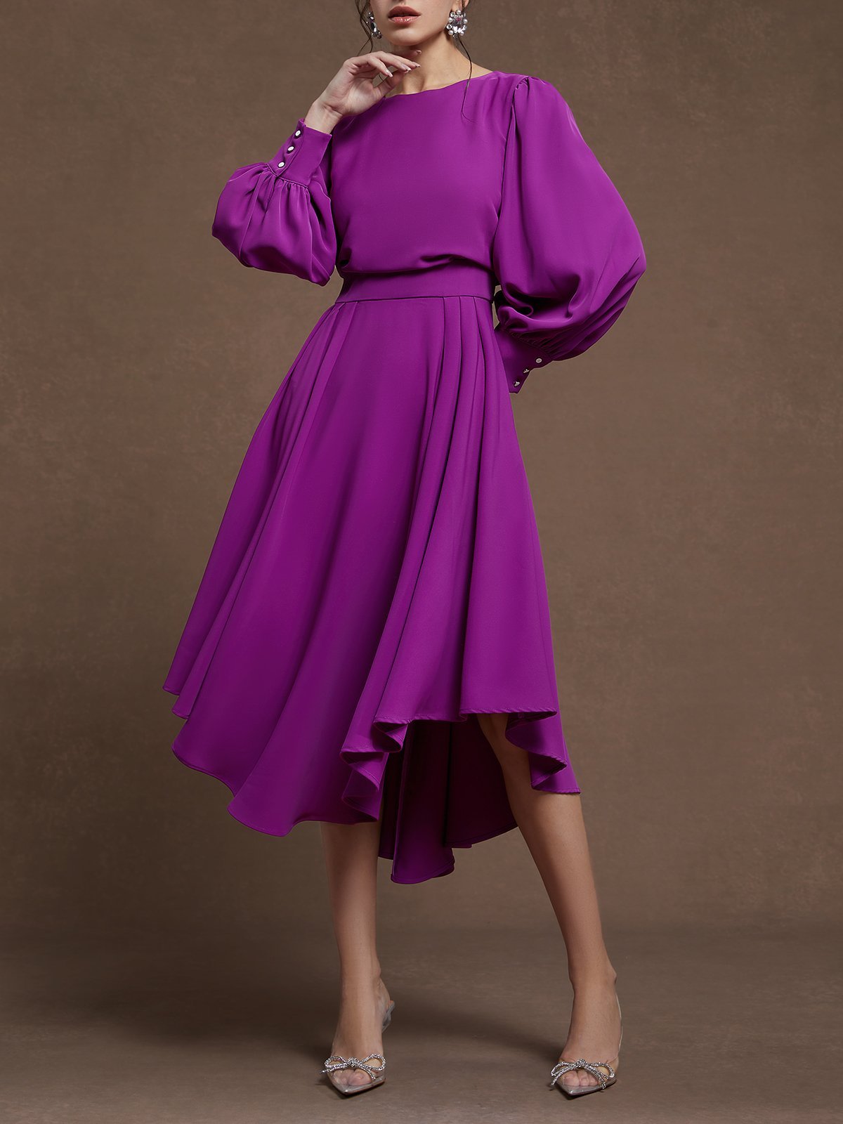Pink Asymmetric Boat Neck Long Balloon Sleeve A-Line Midi Dress