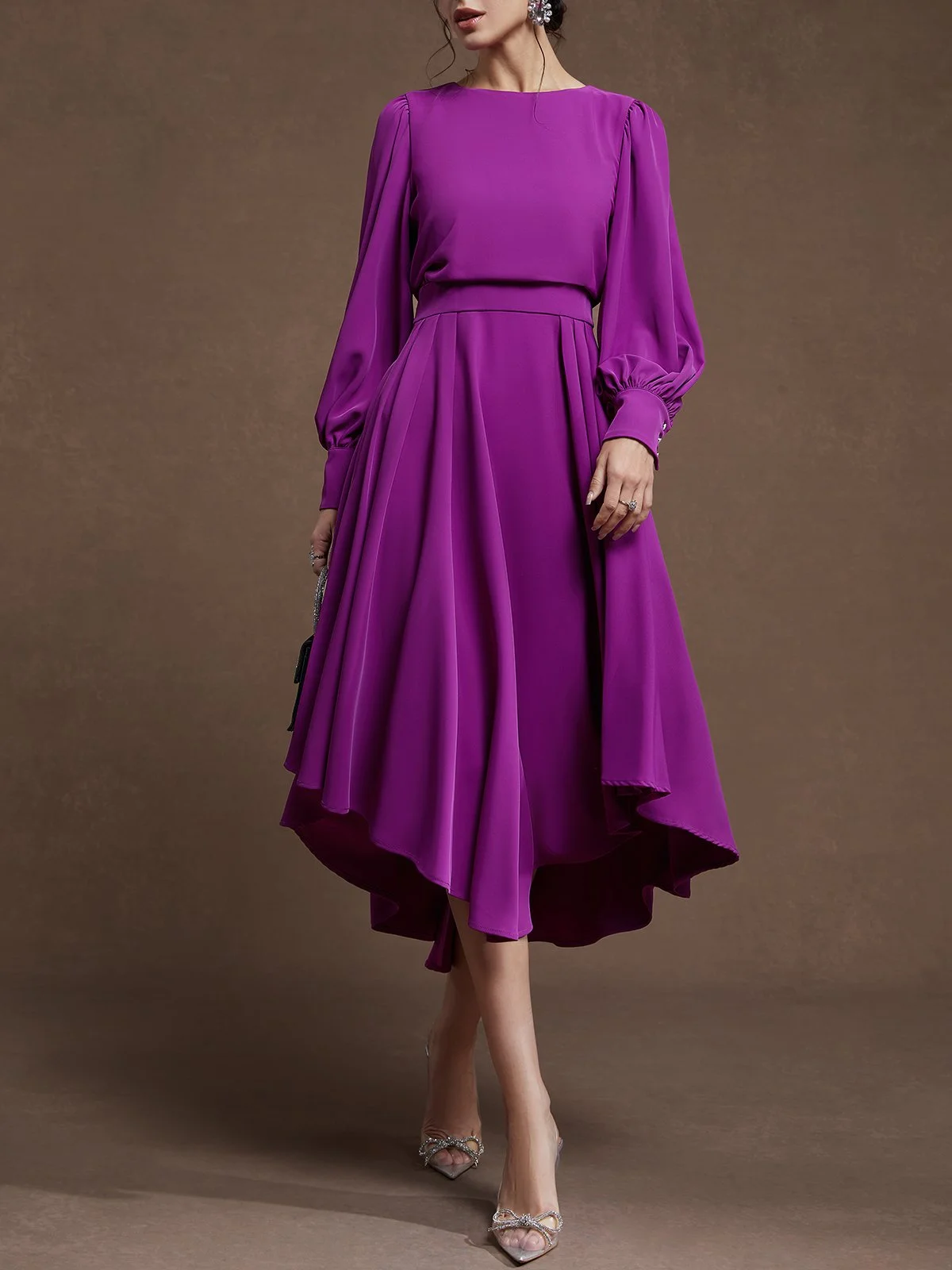 Pink Asymmetric Boat Neck Long Balloon Sleeve A-Line Midi Dress