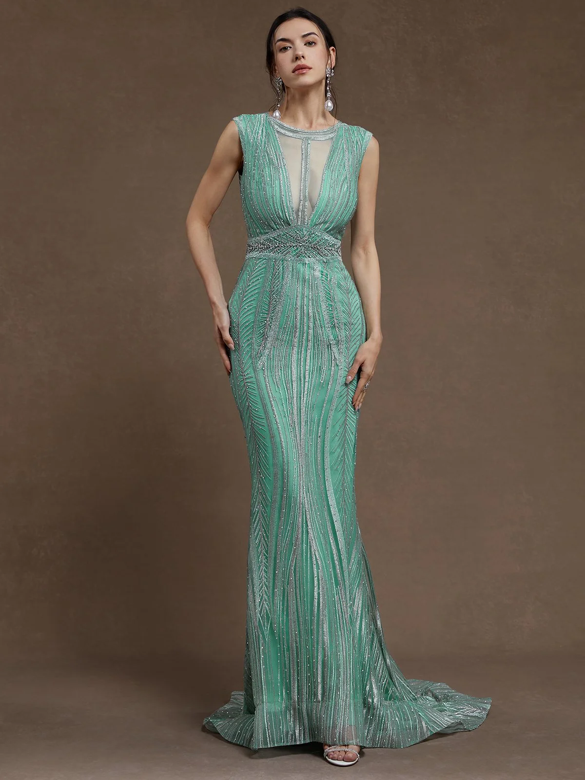 Green Rhinestone Ruched Wedding Dress V Neck Sleeveless Mermaid Gown