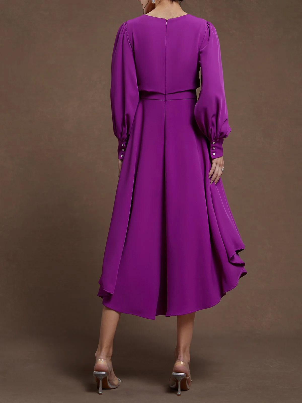 Pink Asymmetric Boat Neck Long Balloon Sleeve A-Line Midi Dress
