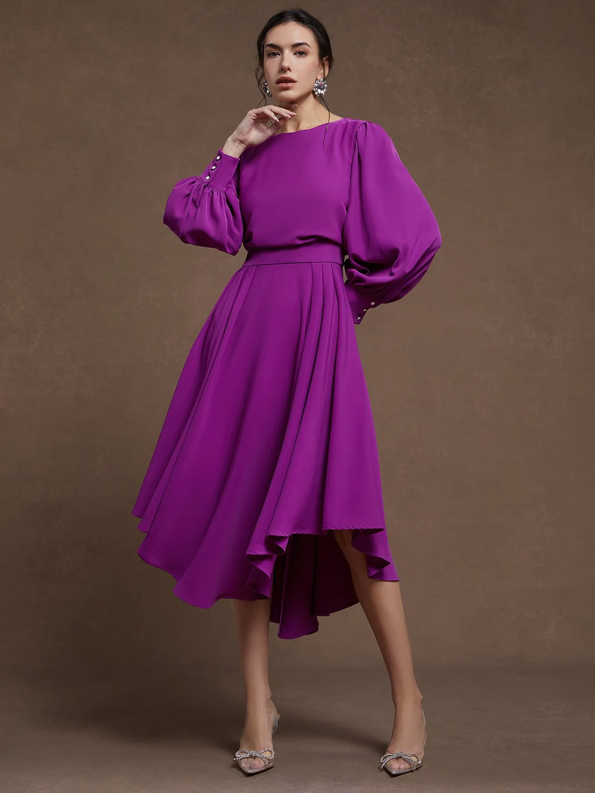 Pink Asymmetric Boat Neck Long Balloon Sleeve A-Line Midi Dress