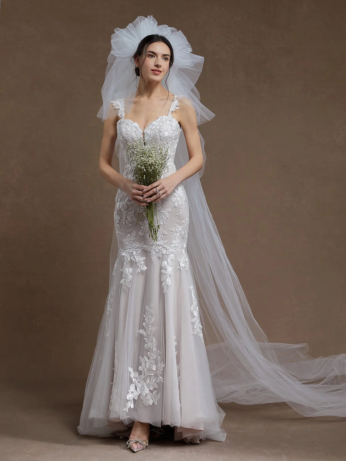 White Lace Wedding Dress Spaghetti Gallus Mermaid Gown