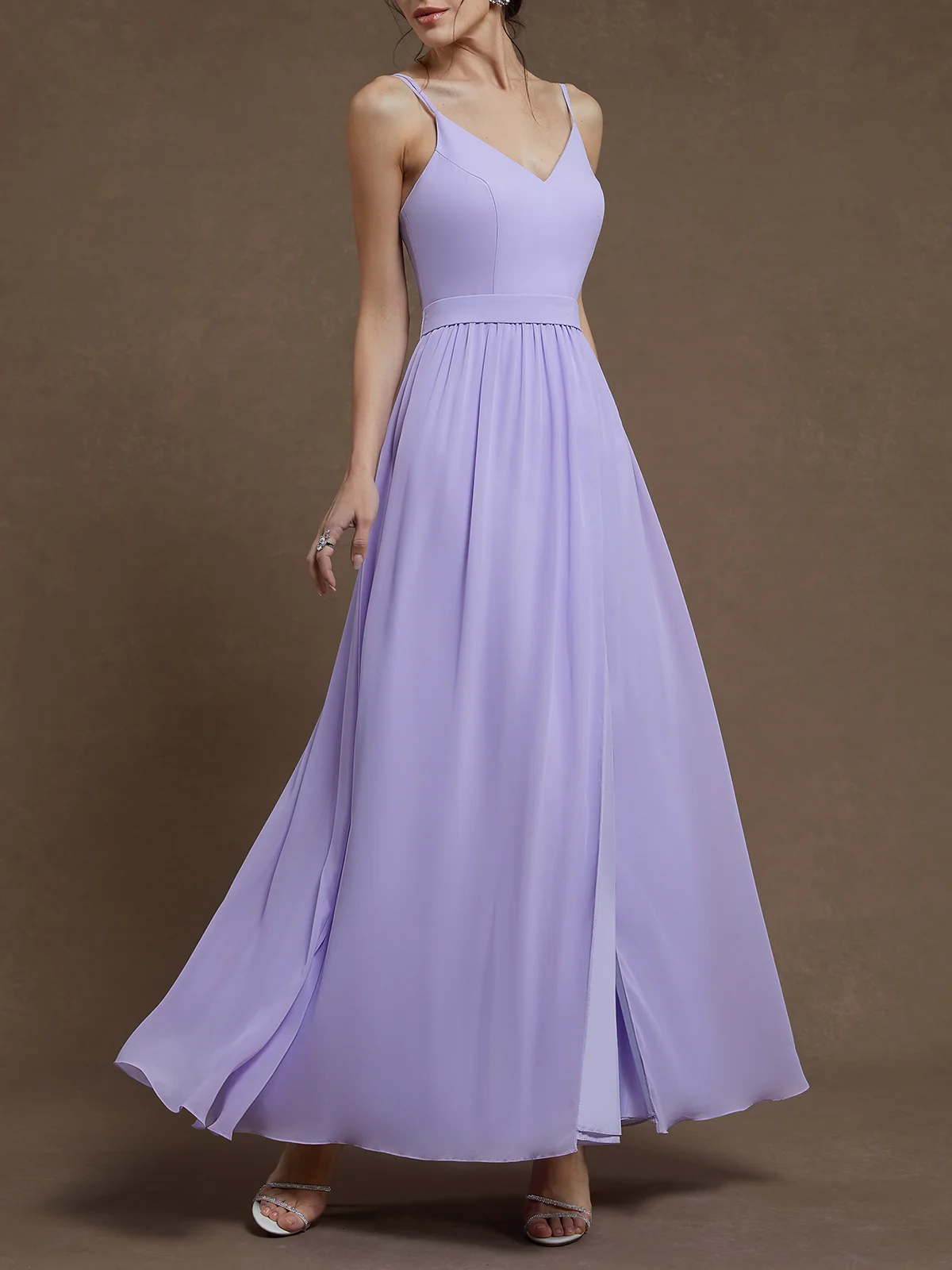 Lavender Purple Chiffon Spaghetti Gallus A-Line Gown