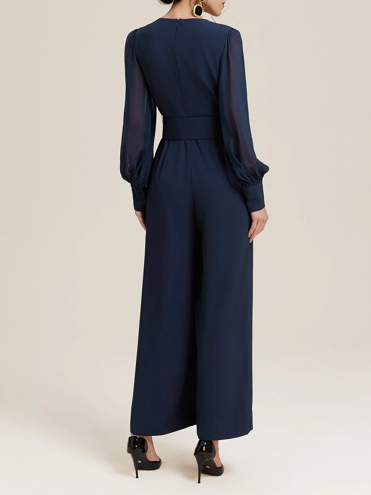 Dark Blue Mesh V Neck Balloon Sleeve Chiffon Wide-Leg Jumpsuit