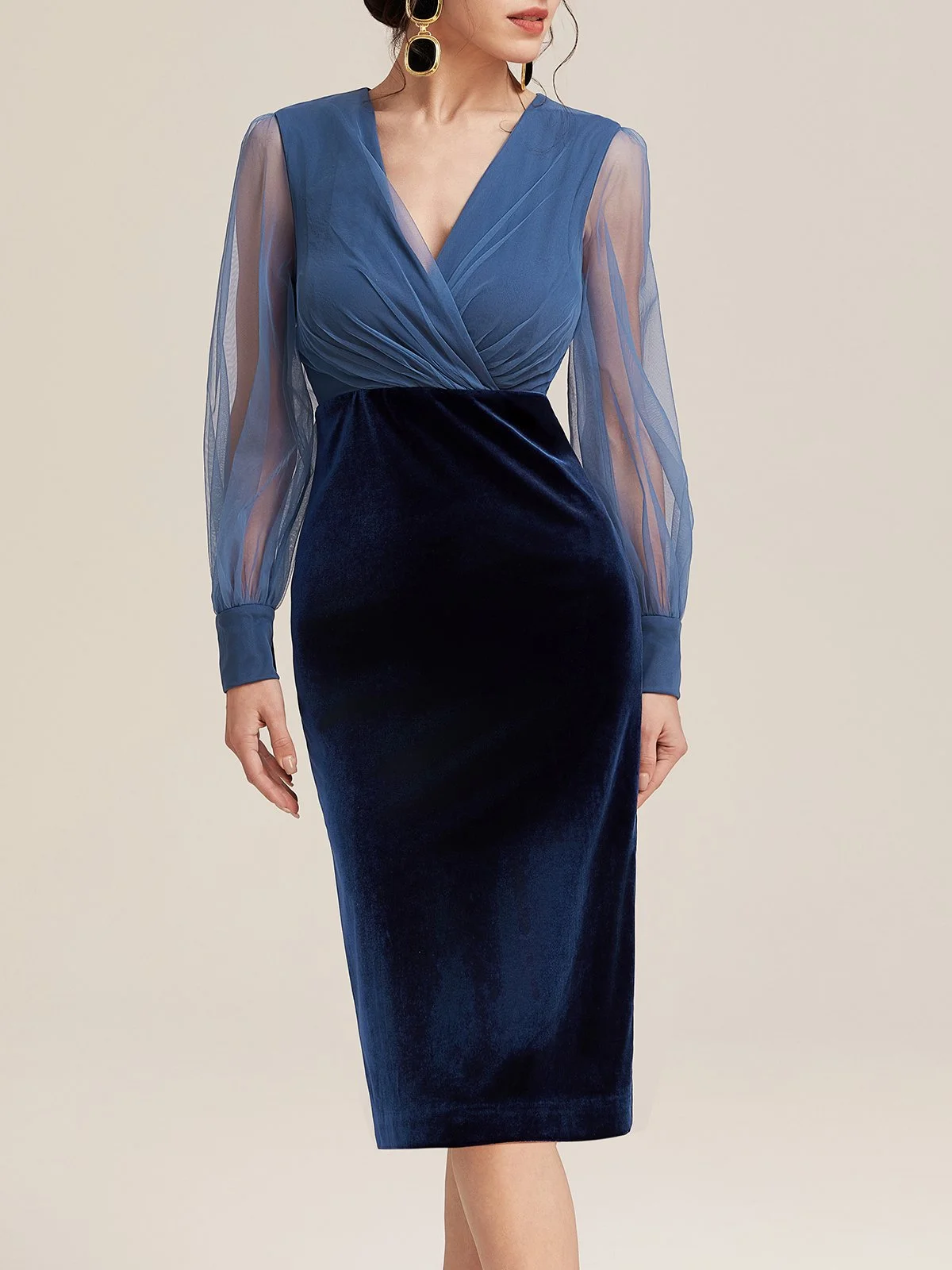 Blue Mesh Split Joint Balloon Sleeve Sheath Midi Velvet Dress