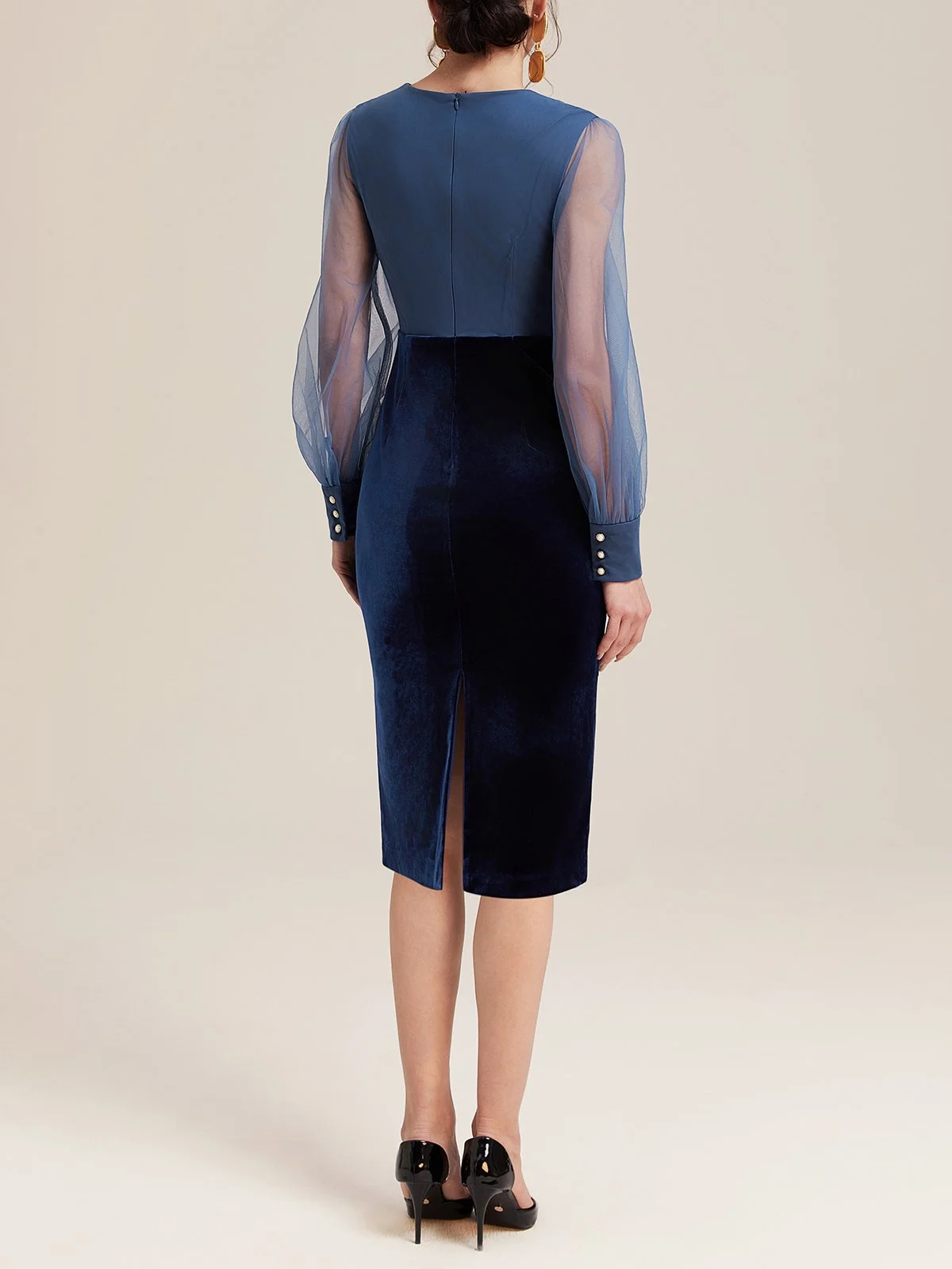 Blue Mesh Split Joint Balloon Sleeve Sheath Midi Velvet Dress