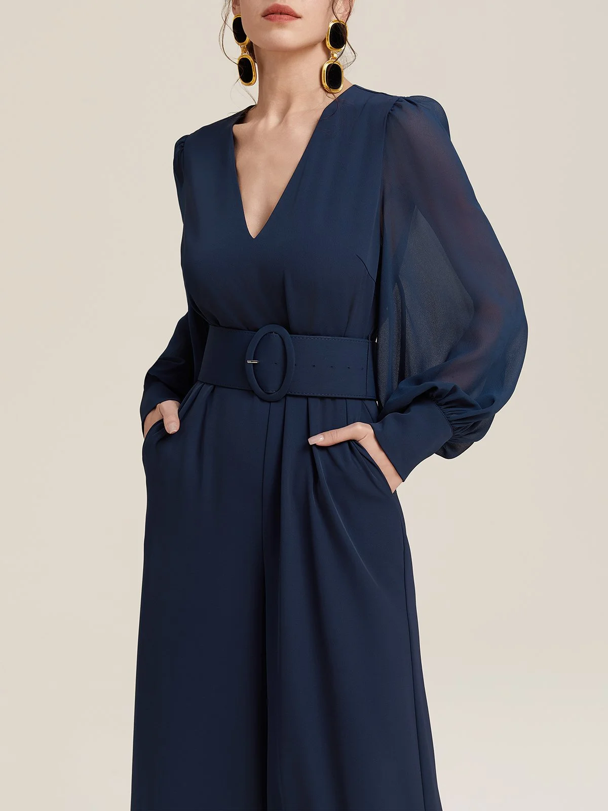 Dark Blue Mesh V Neck Balloon Sleeve Chiffon Wide-Leg Jumpsuit