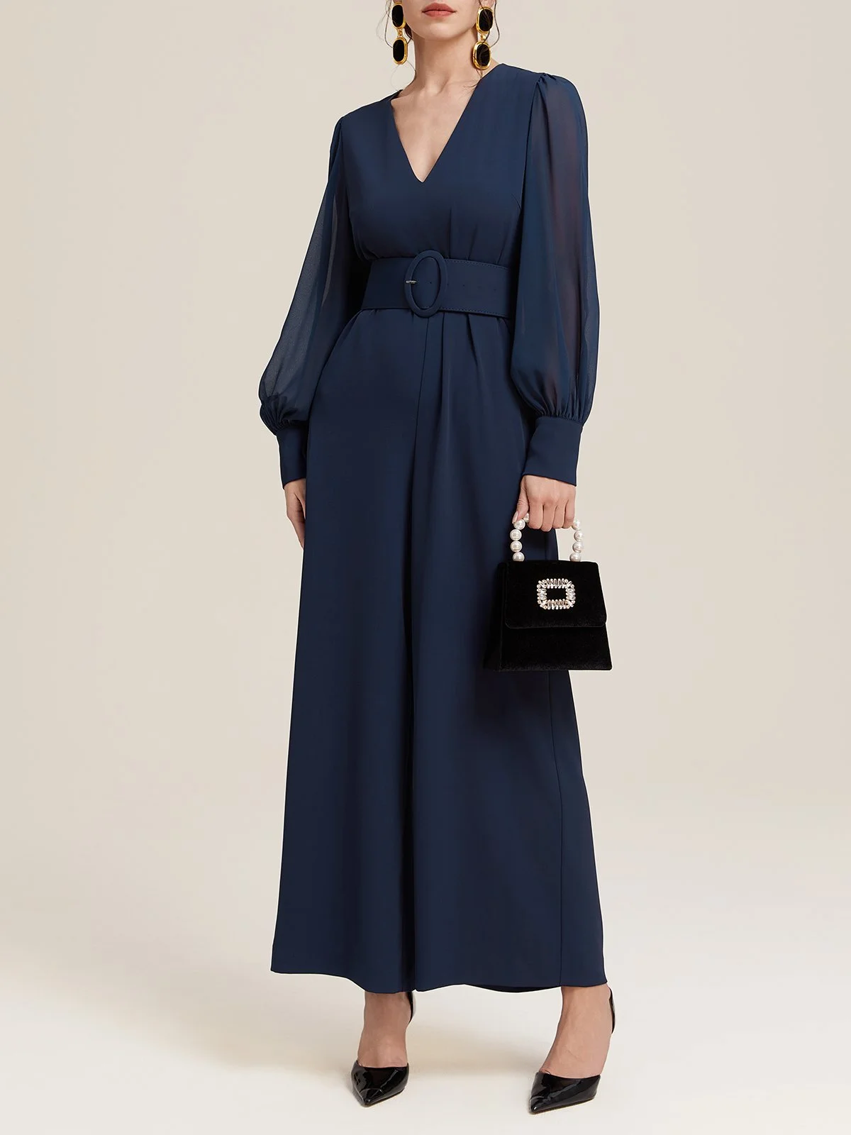 Dark Blue Mesh V Neck Balloon Sleeve Chiffon Wide-Leg Jumpsuit