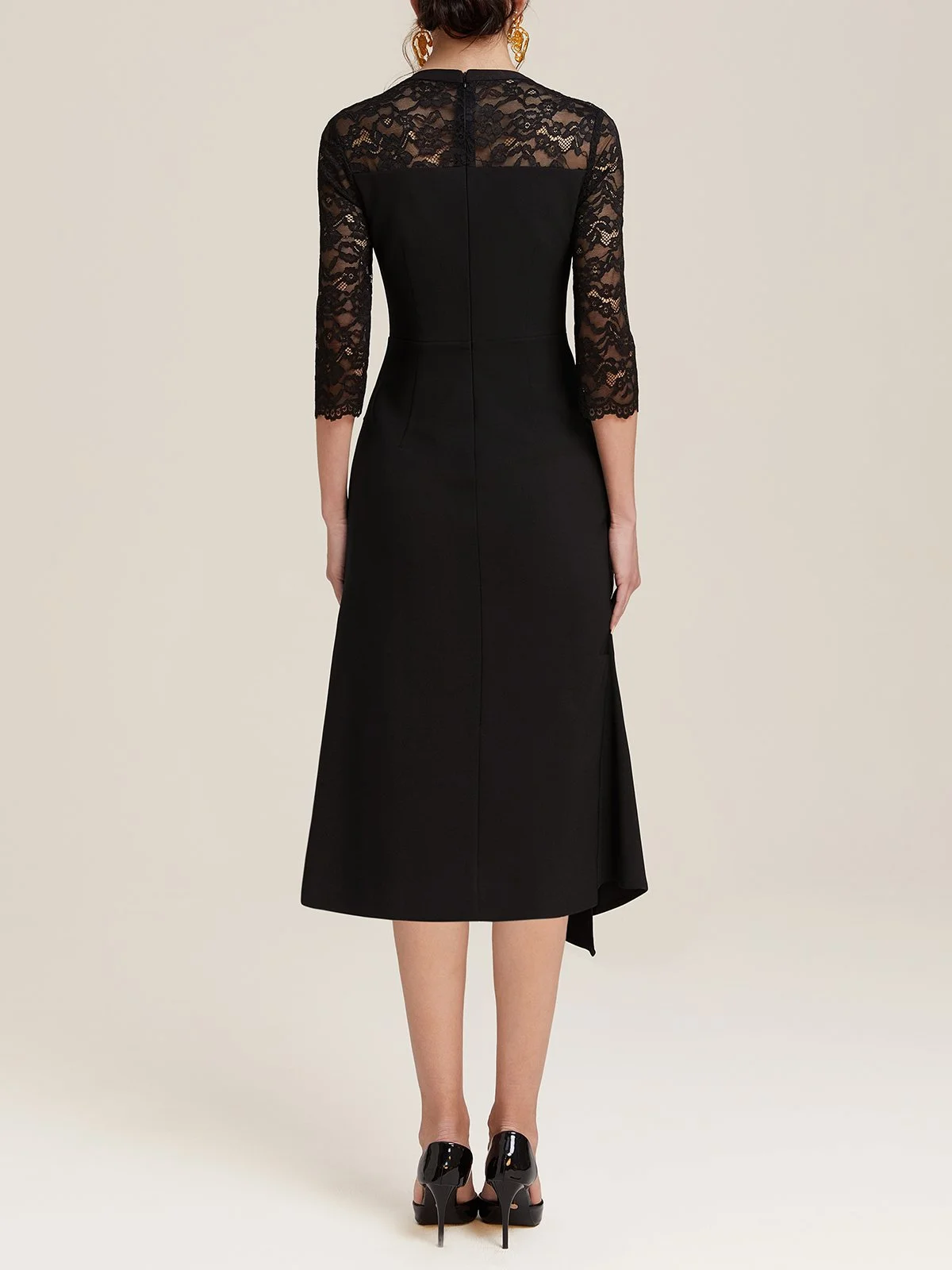 Black Lace Sweetheart Neckline Half Sleeve A-Line Midi Dress