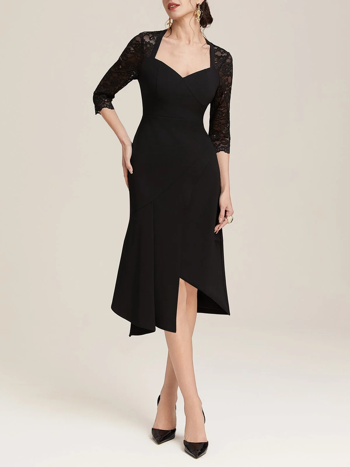 Black Lace Sweetheart Neckline Half Sleeve A-Line Midi Dress