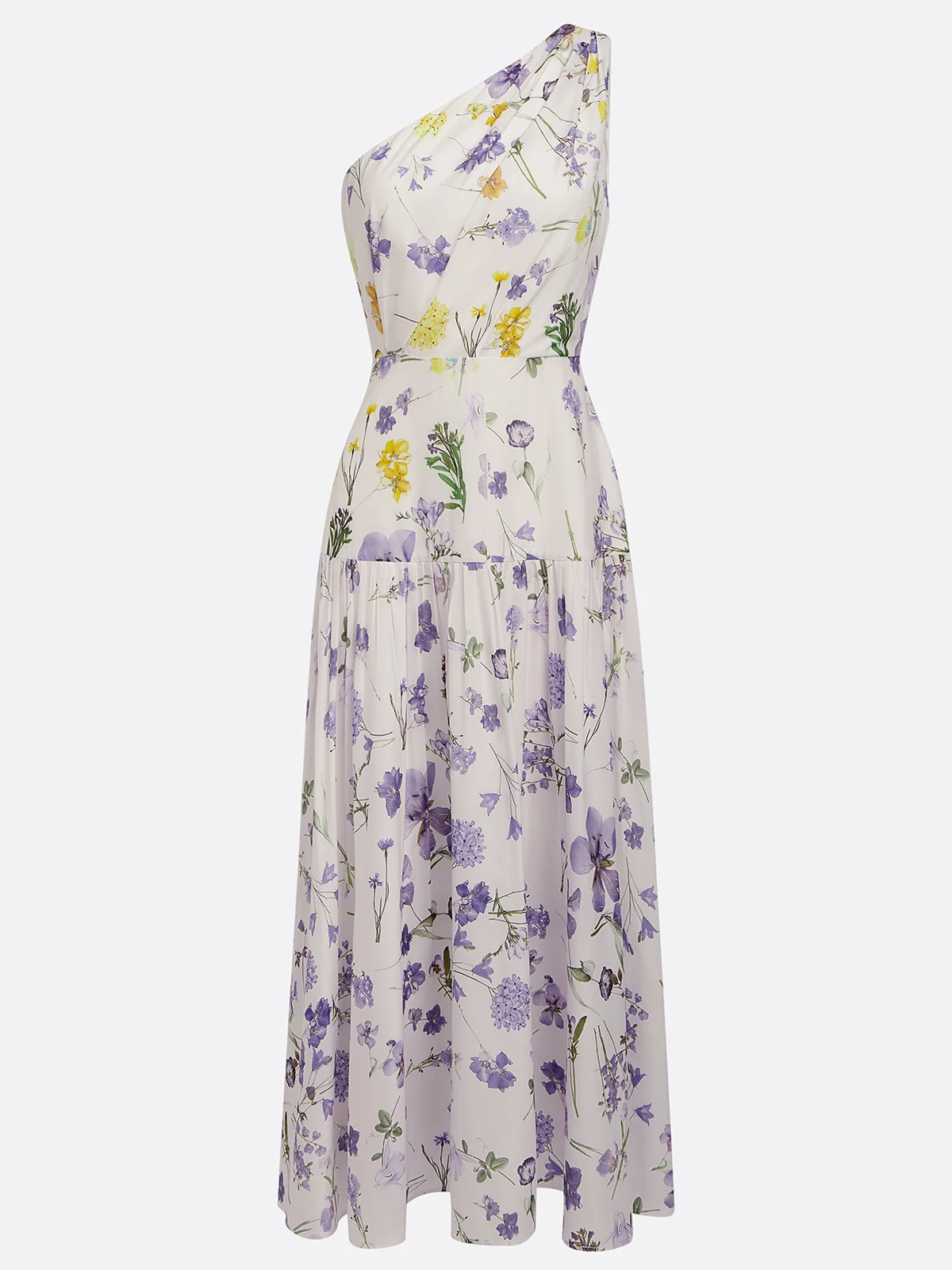 White Floral Chiffon One Shoulder Sleeveless A-Line Midi Dress
