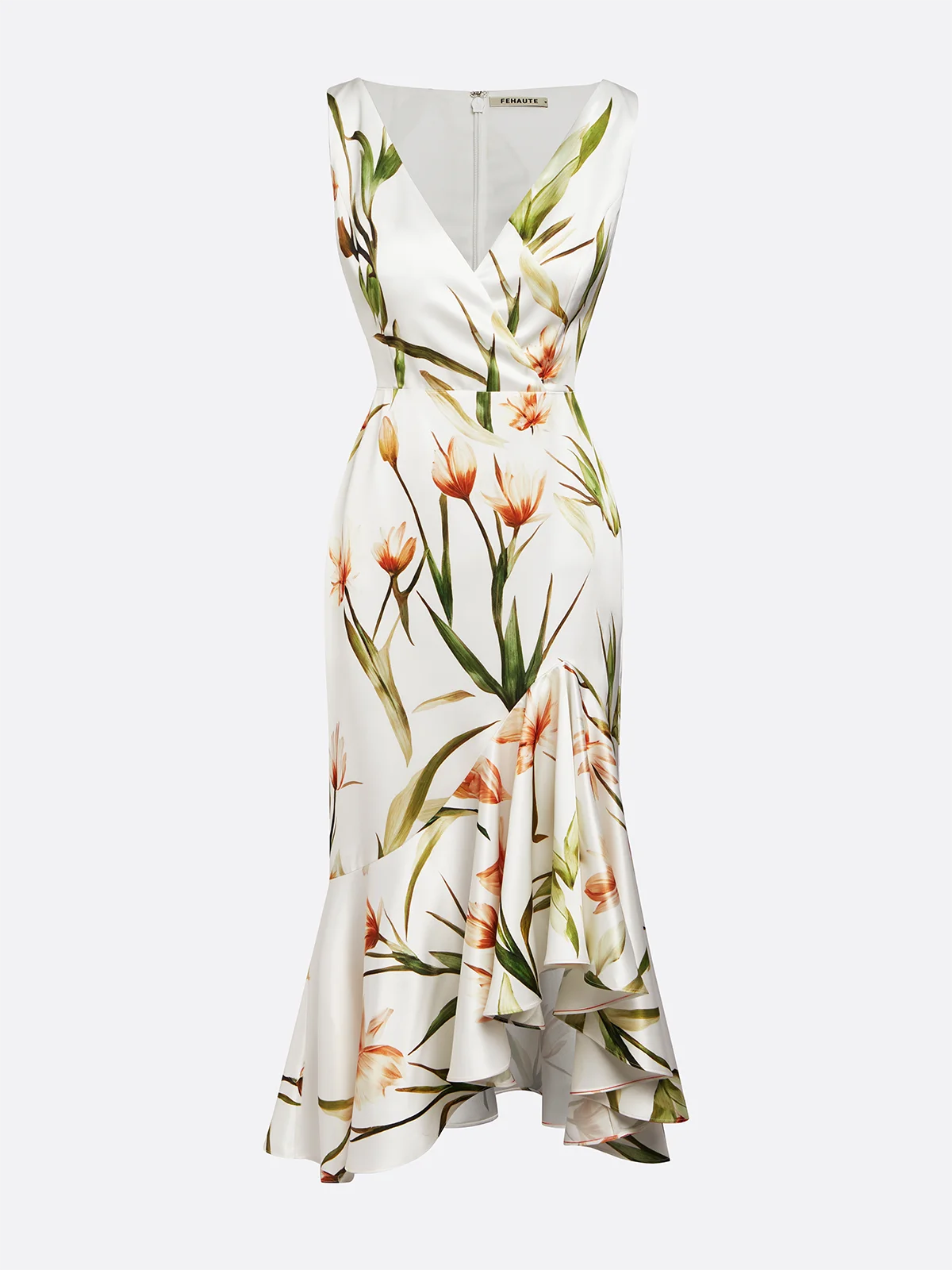 Off White V Neck Floral Mermaid Midi Satin Dress