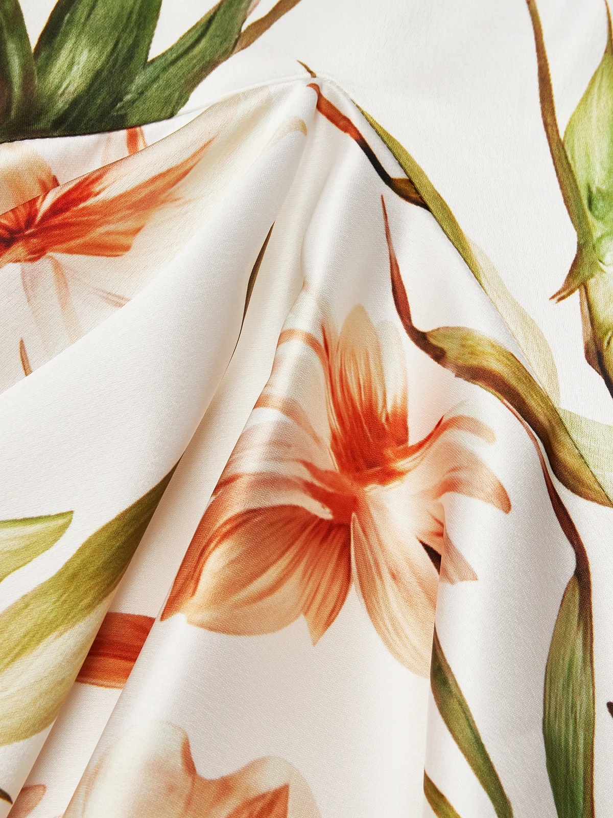 Off White V Neck Floral Mermaid Midi Satin Dress
