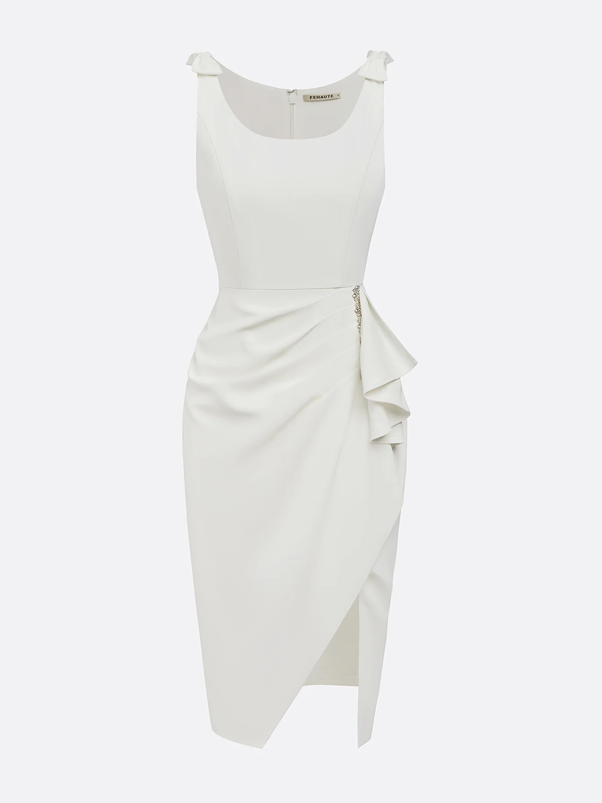 White Rhinestone Crew Neck Ruffled Sheath Two-piece Dresses
