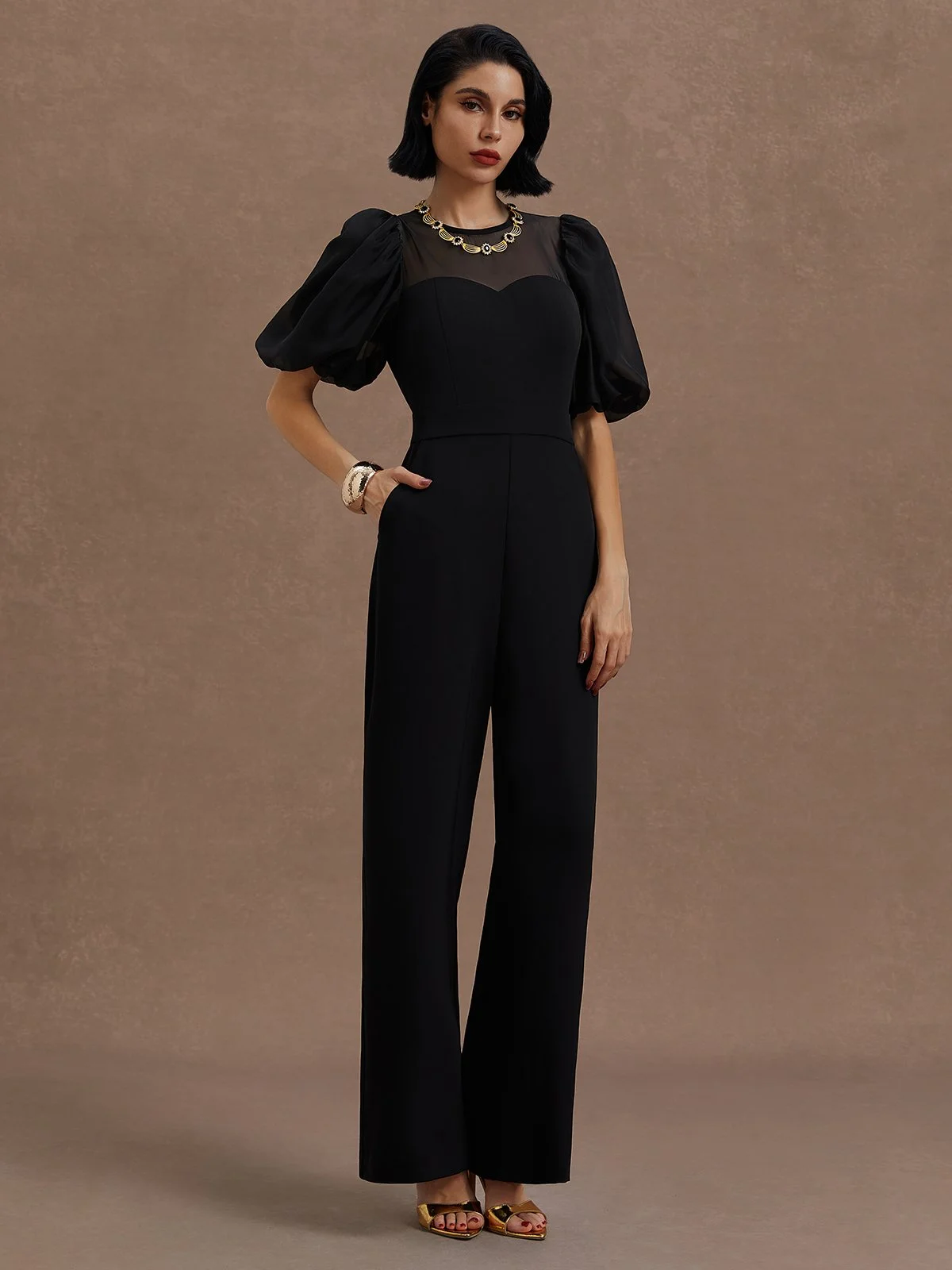 Black Puff Sleeve Regular Fit Crew Neck Jumpsuit 
