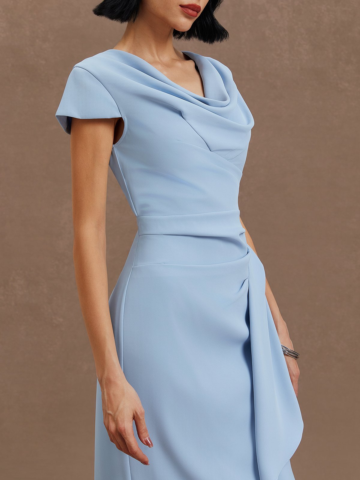 Light Blue Ruched Asymmetric Classic Cowl Neck Cap Sleeve Sheath Midi Dress