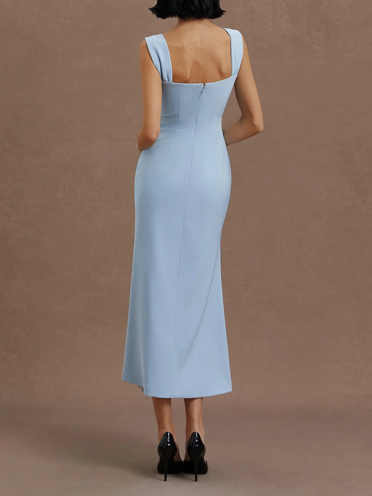 Light Blue Bow Lace Sweetheart Neckline Sleeveless Mermaid Midi Dress