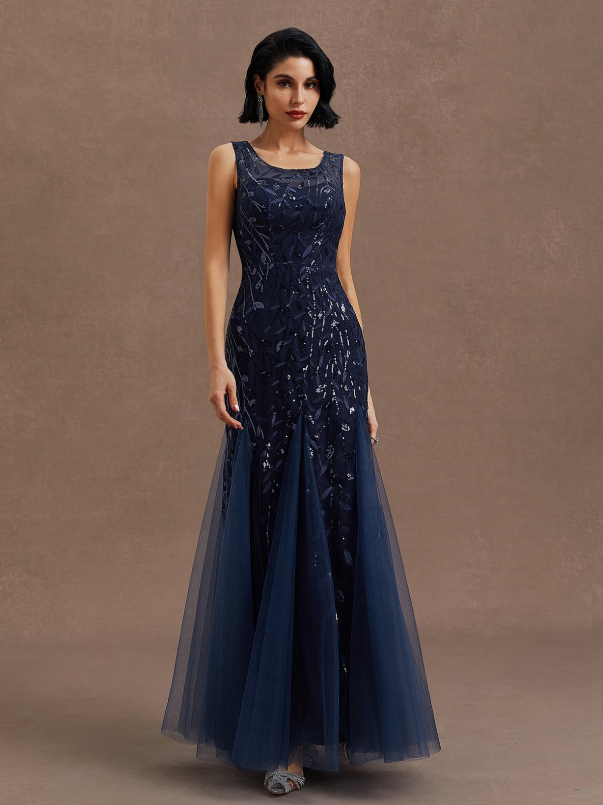 Purplish Blue Lace Crew Neck Sleeveless Sheath Maxi Dress
