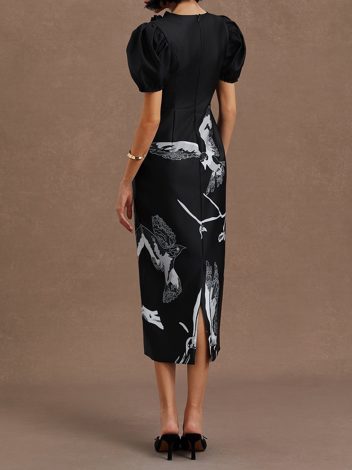Black Folds V Neck Puff Sleeve Midi Sheath Dress 