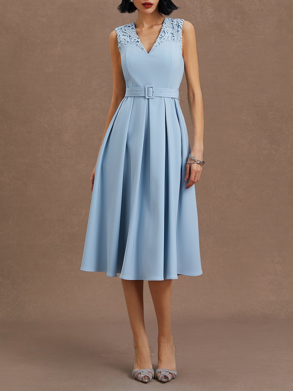 Light Blue Lace V Neck Sleeveless A-Line Midi Dress