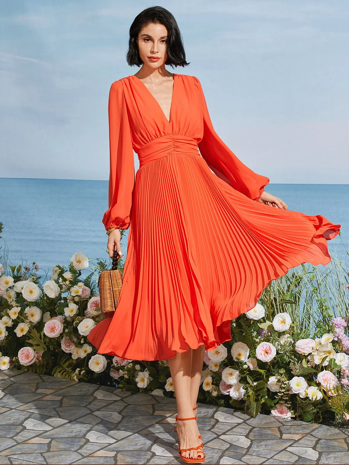 Orange Pleated V Neck Balloon Sleeve A-Line Midi Chiffon Dress
