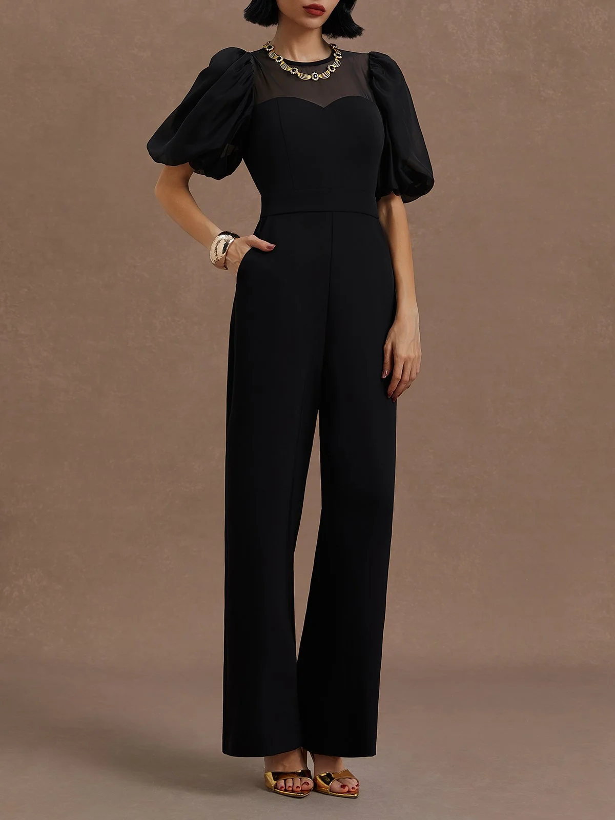 Black Puff Sleeve Regular Fit Crew Neck Jumpsuit 
