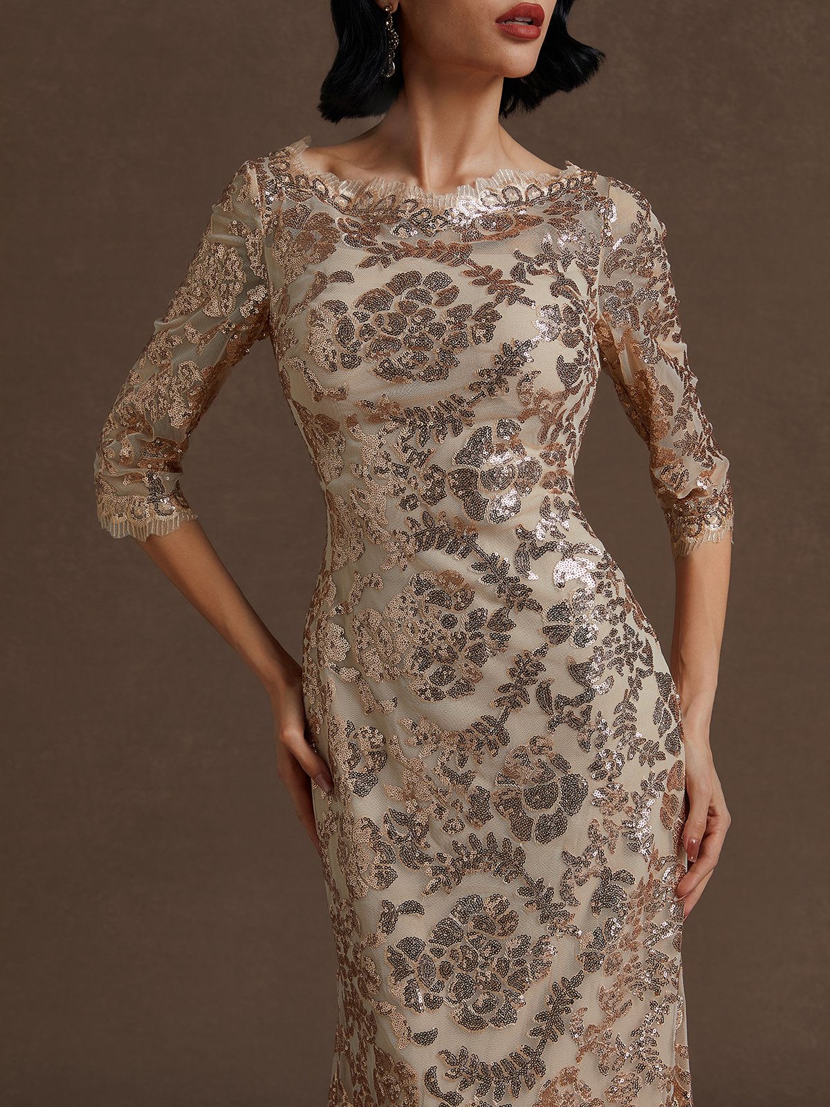 Rose Gold Lace Crew Neck Three Quarter Sleeve Sheath Gown Dress