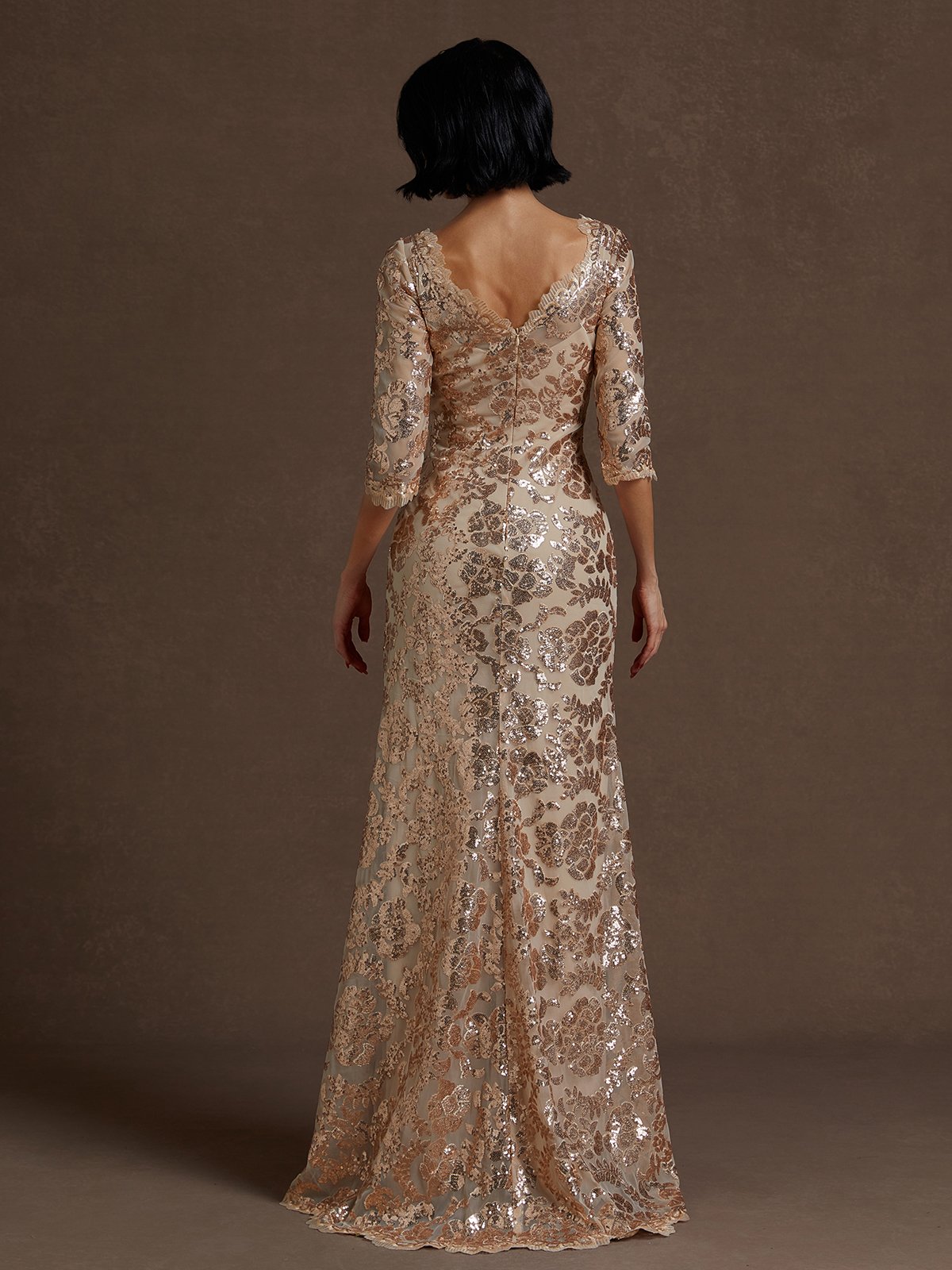 Rose Gold Lace Crew Neck Three Quarter Sleeve Sheath Gown Dress