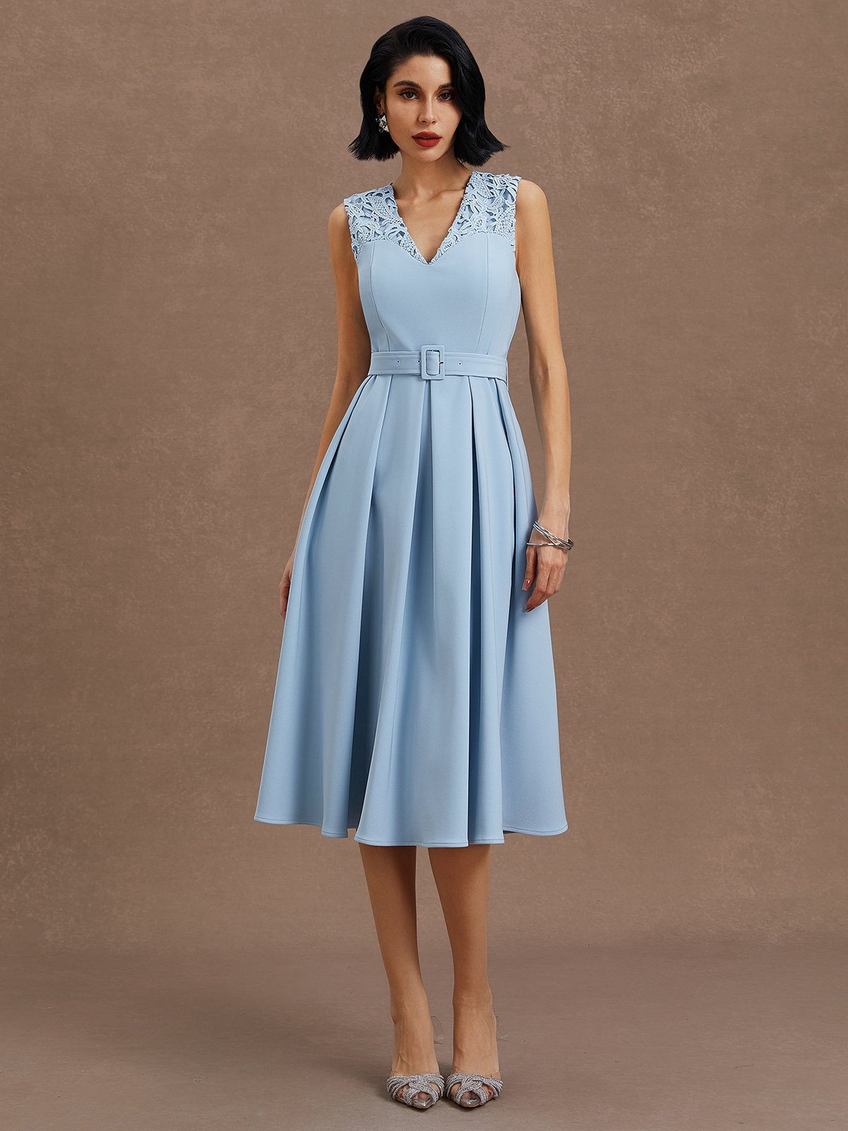Light Blue Lace V Neck Sleeveless A-Line Midi Dress