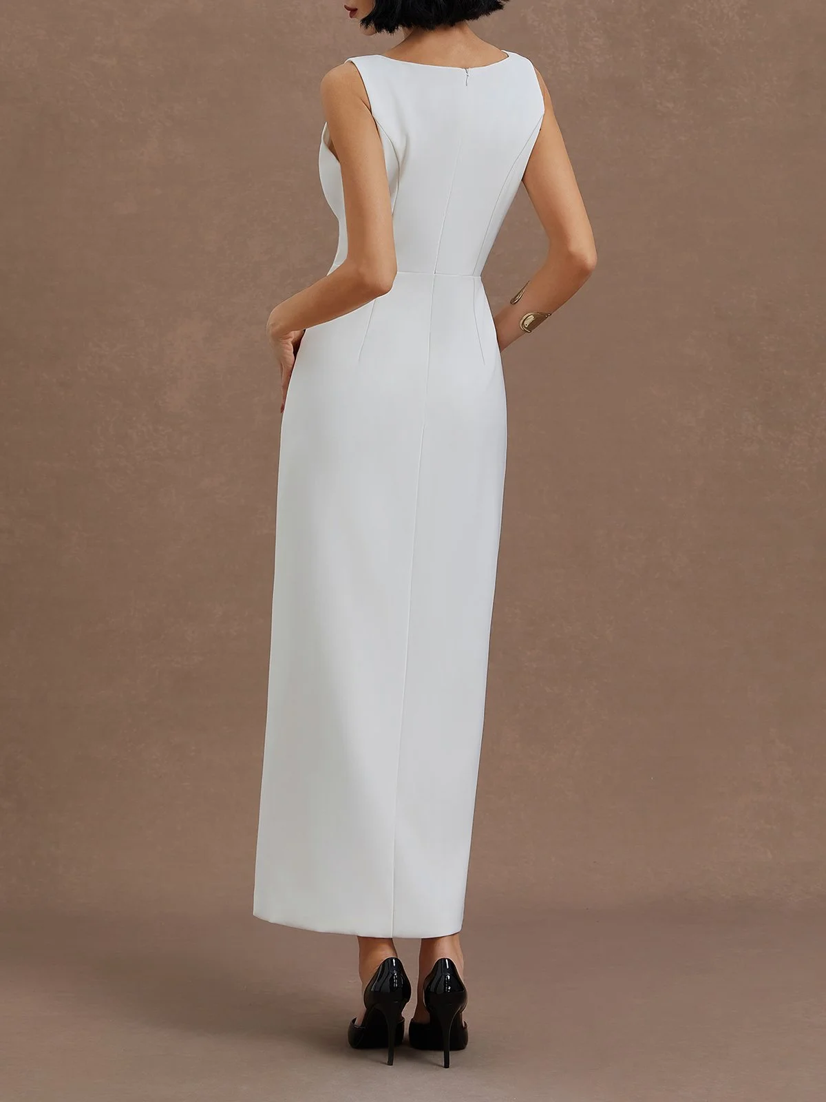 White Slit Classic Crew Neck Sleeveless Sheath Maxi Dress
