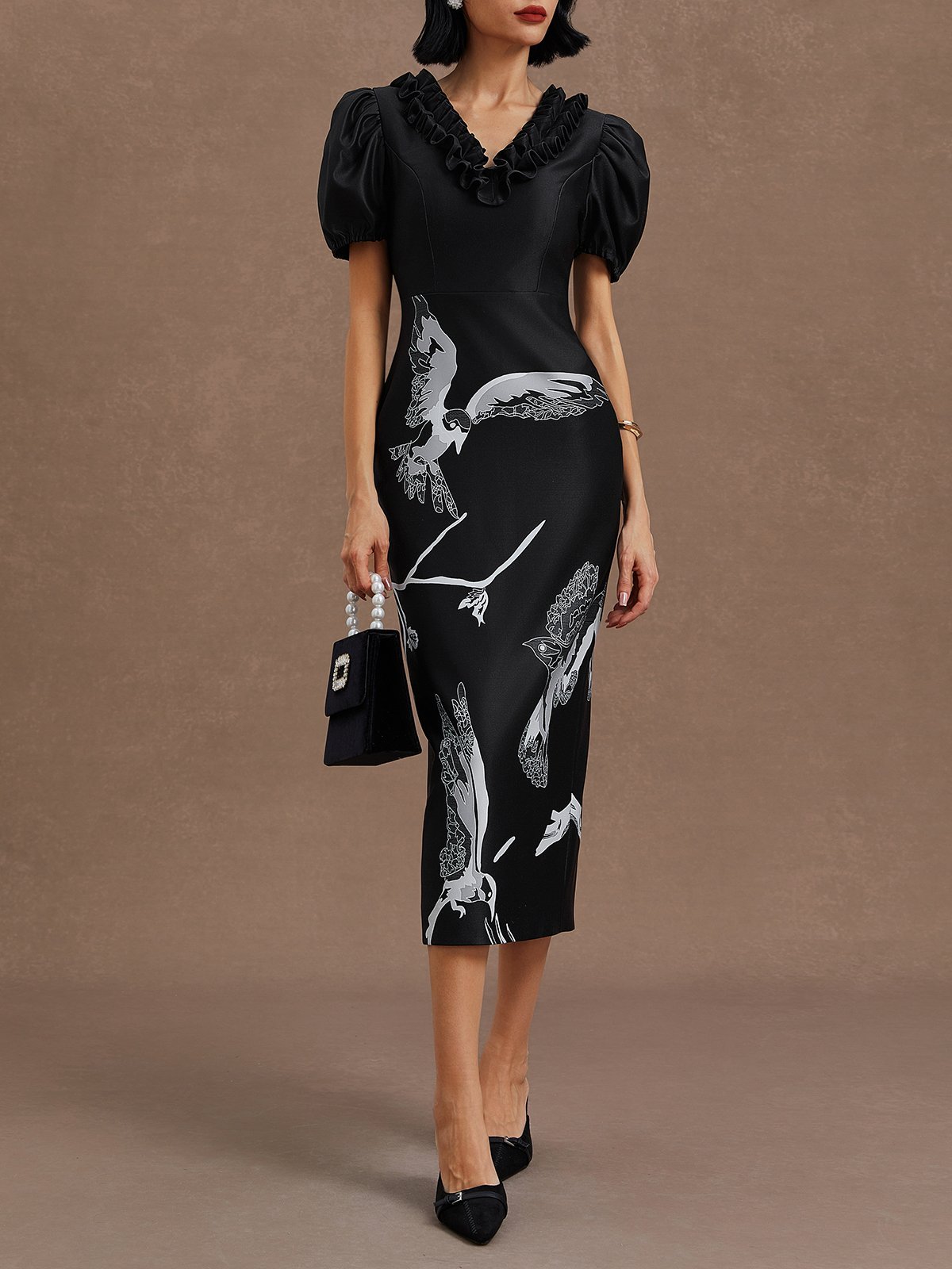 Black Folds V Neck Puff Sleeve Midi Sheath Dress 