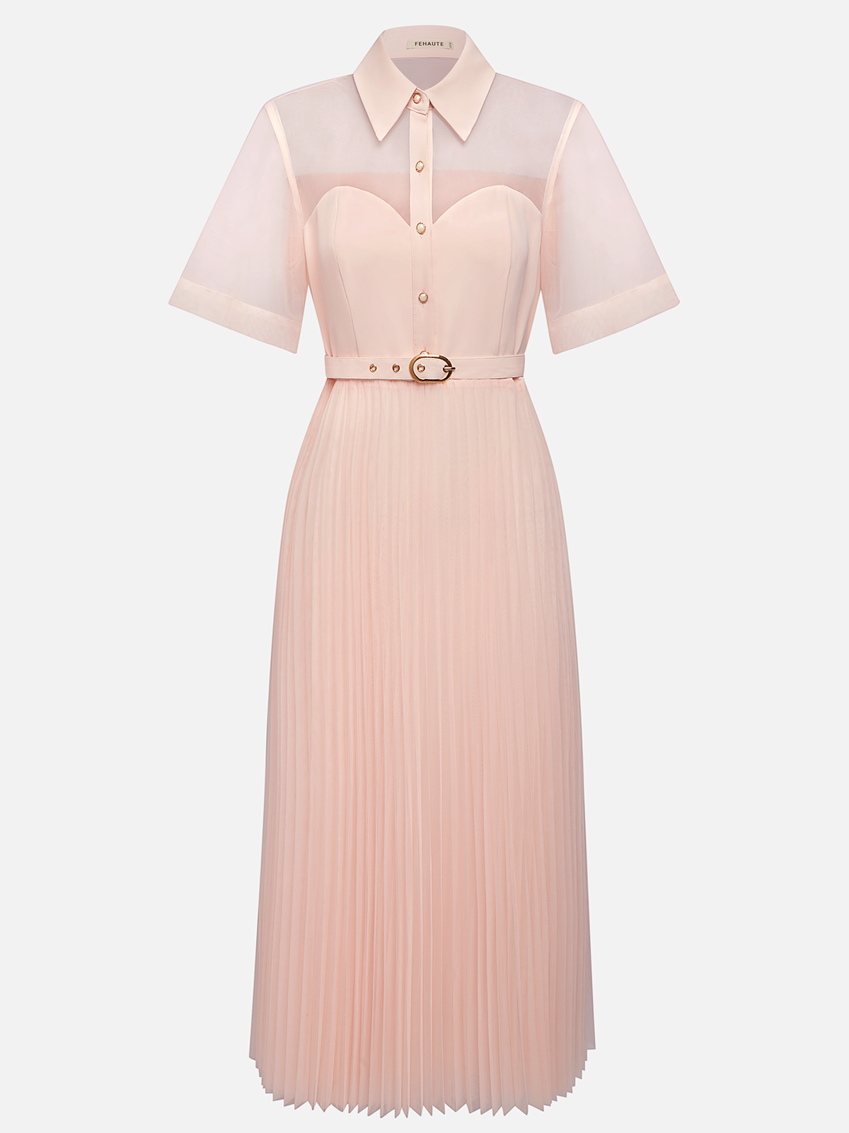Pink Pleated Classic Shirt Collar Short Sleeve A-Line Midi Dress