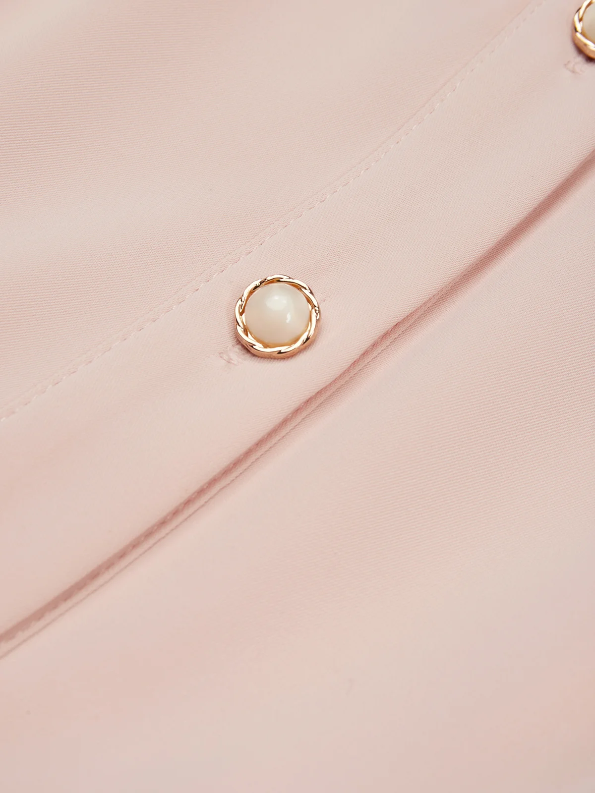Pink Pleated Classic Shirt Collar Short Sleeve A-Line Midi Dress