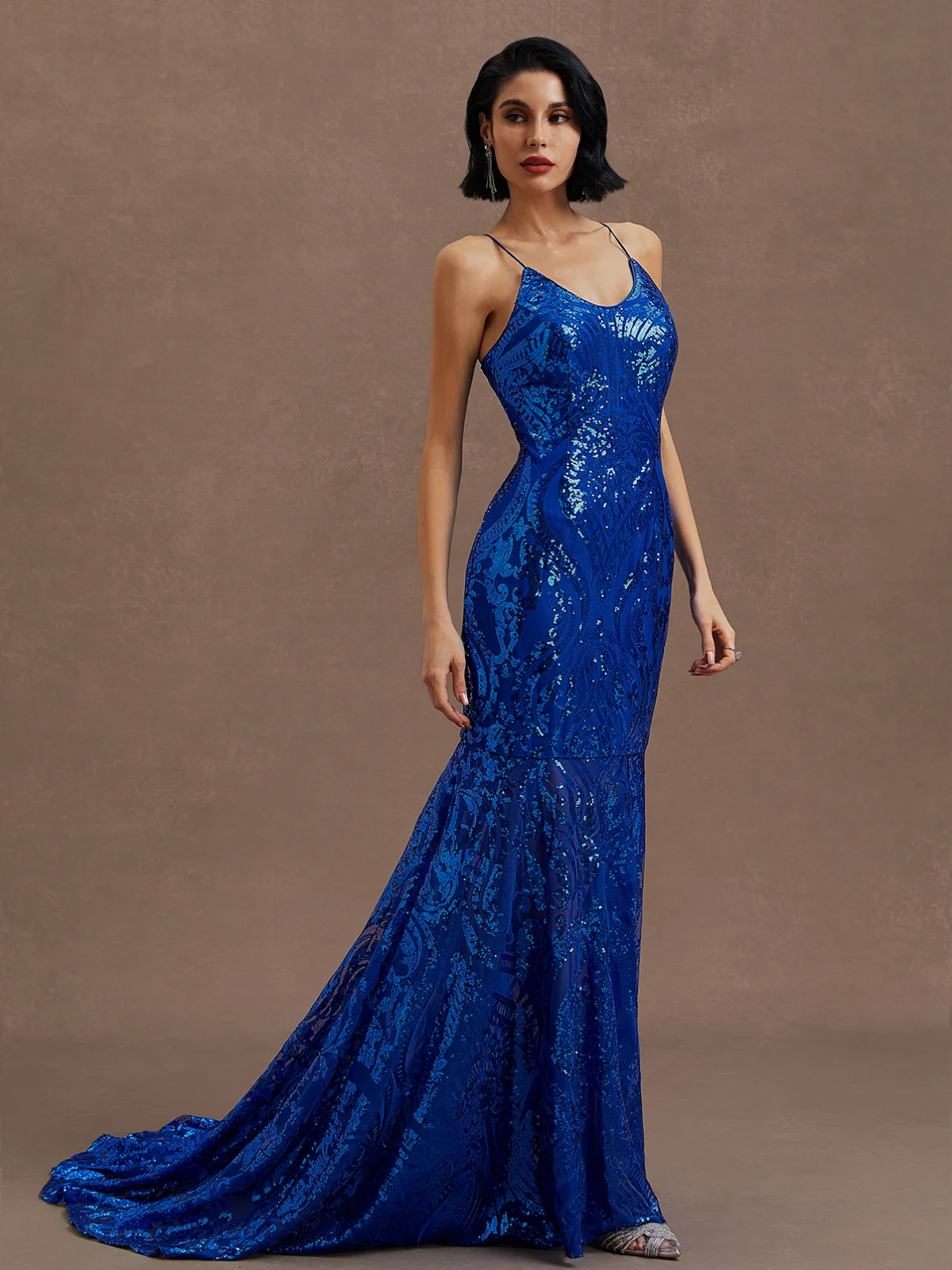 Royal Blue Lace Wedding Dress Spaghetti Sleeveless Mermaid Gown Dress