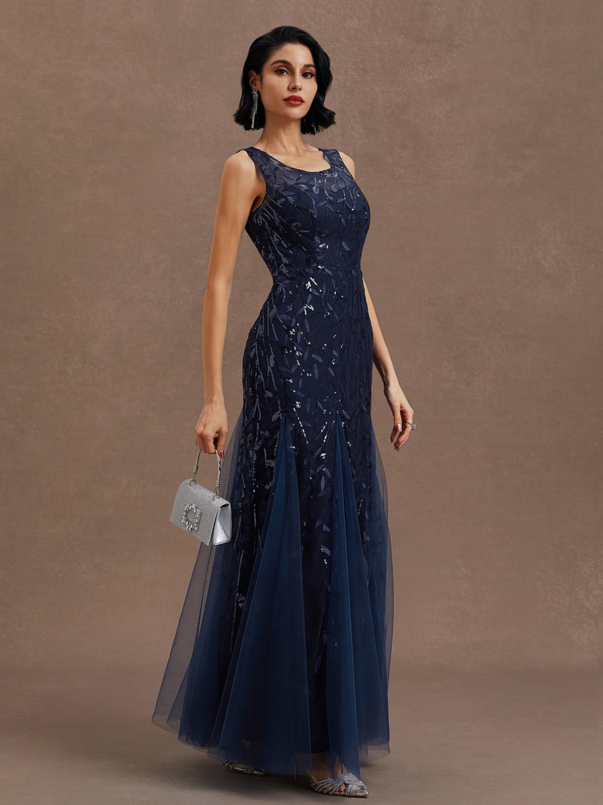 Purplish Blue Lace Crew Neck Sleeveless Sheath Maxi Dress