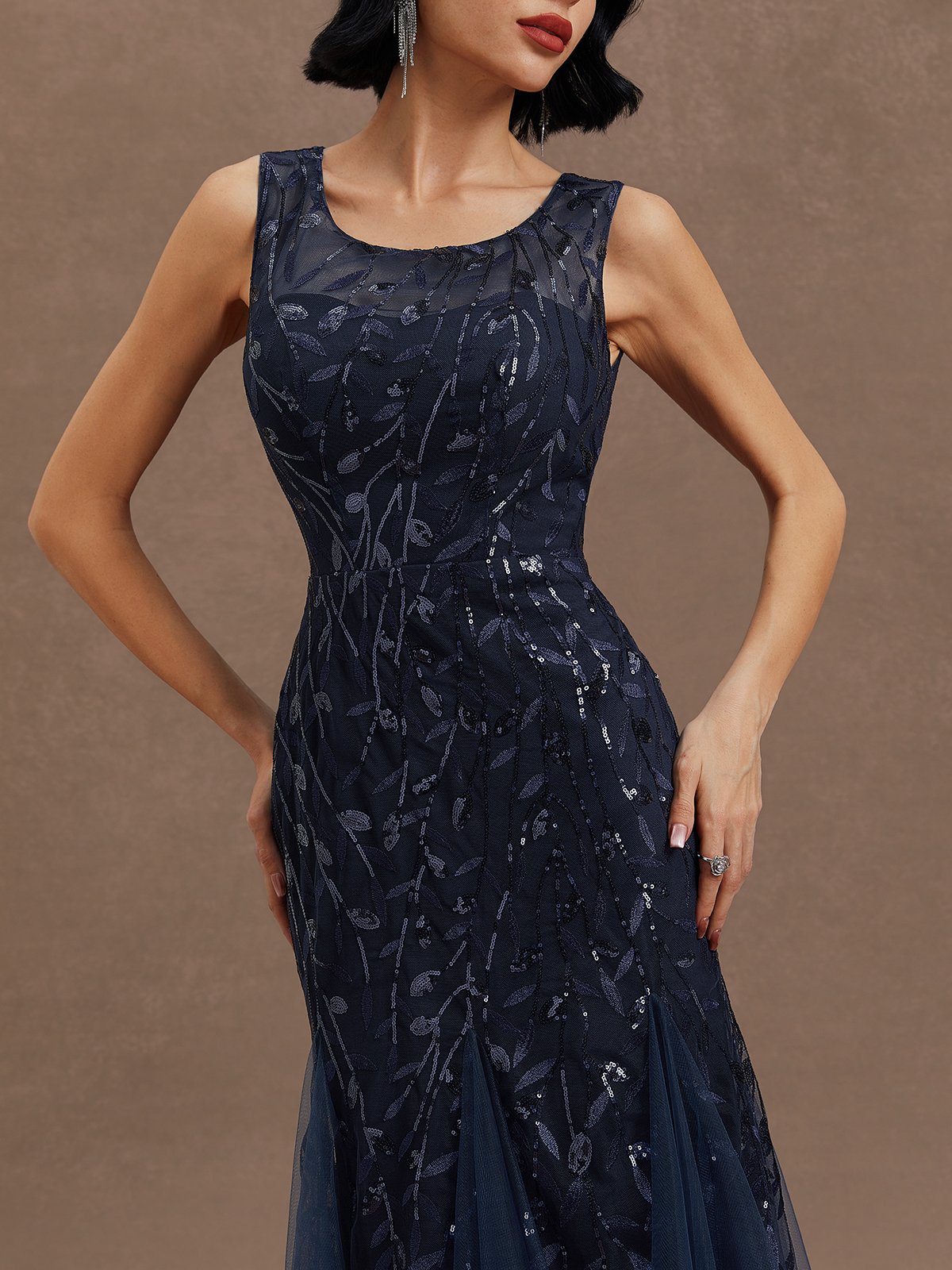Purplish Blue Lace Crew Neck Sleeveless Sheath Maxi Dress