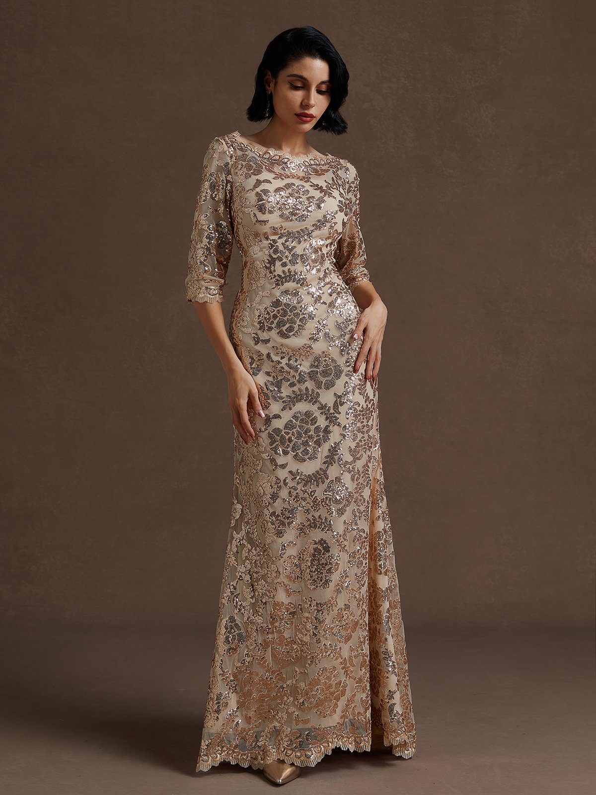 Rose Gold Lace Crew Neck Three Quarter Sleeve Sheath Gown Dress