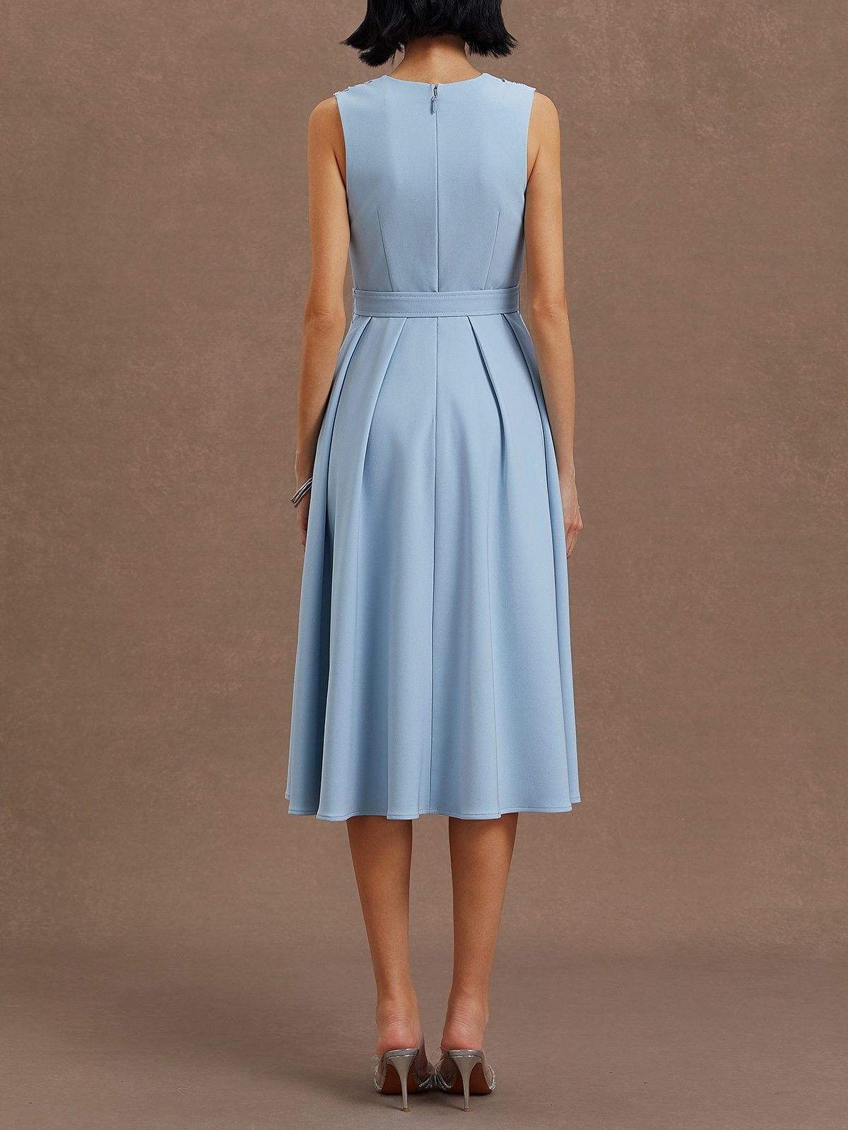 Light Blue Lace V Neck Sleeveless A-Line Midi Dress