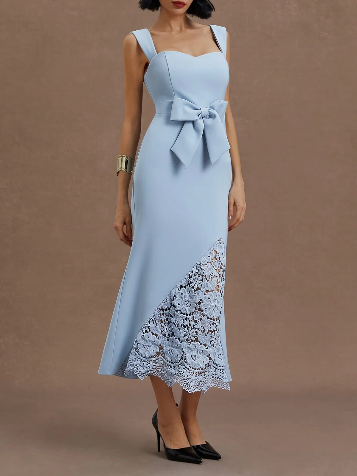 Light Blue Bow Lace Sweetheart Neckline Sleeveless Mermaid Midi Dress