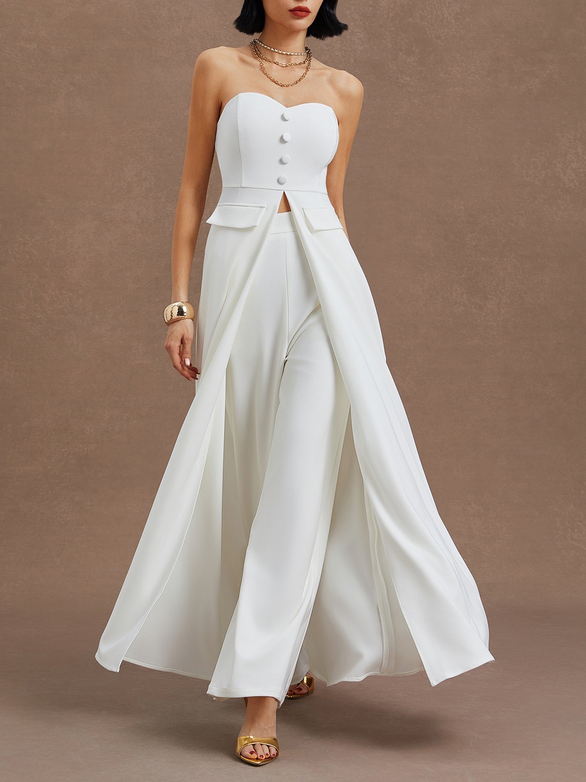 White Buckle Strapless Sleeveless Two-Piece Set