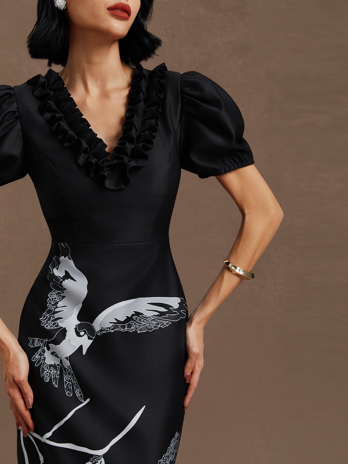 Black Folds V Neck Puff Sleeve Midi Sheath Dress 