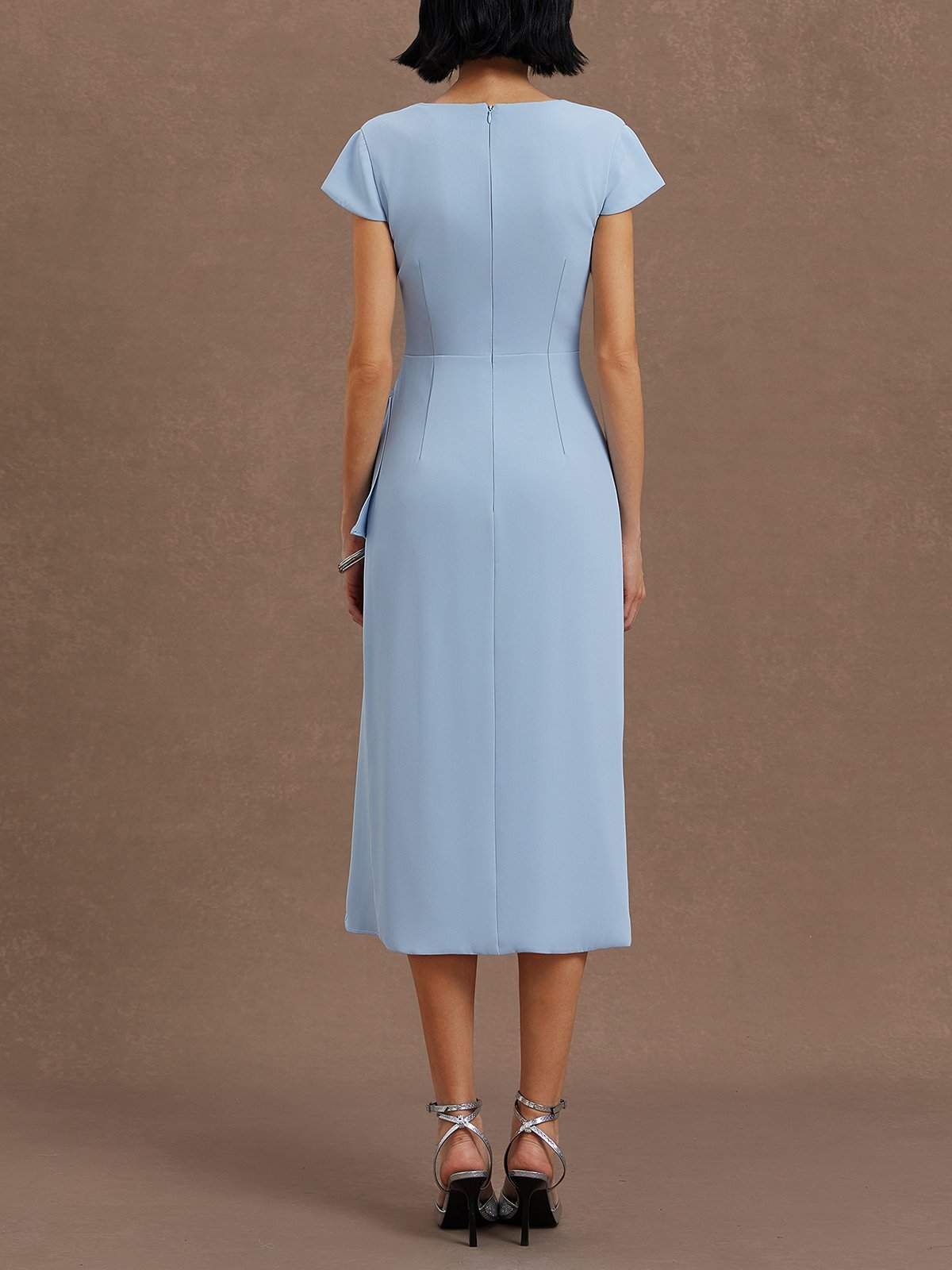 Light Blue Ruched Asymmetric Classic Cowl Neck Cap Sleeve Sheath Midi Dress