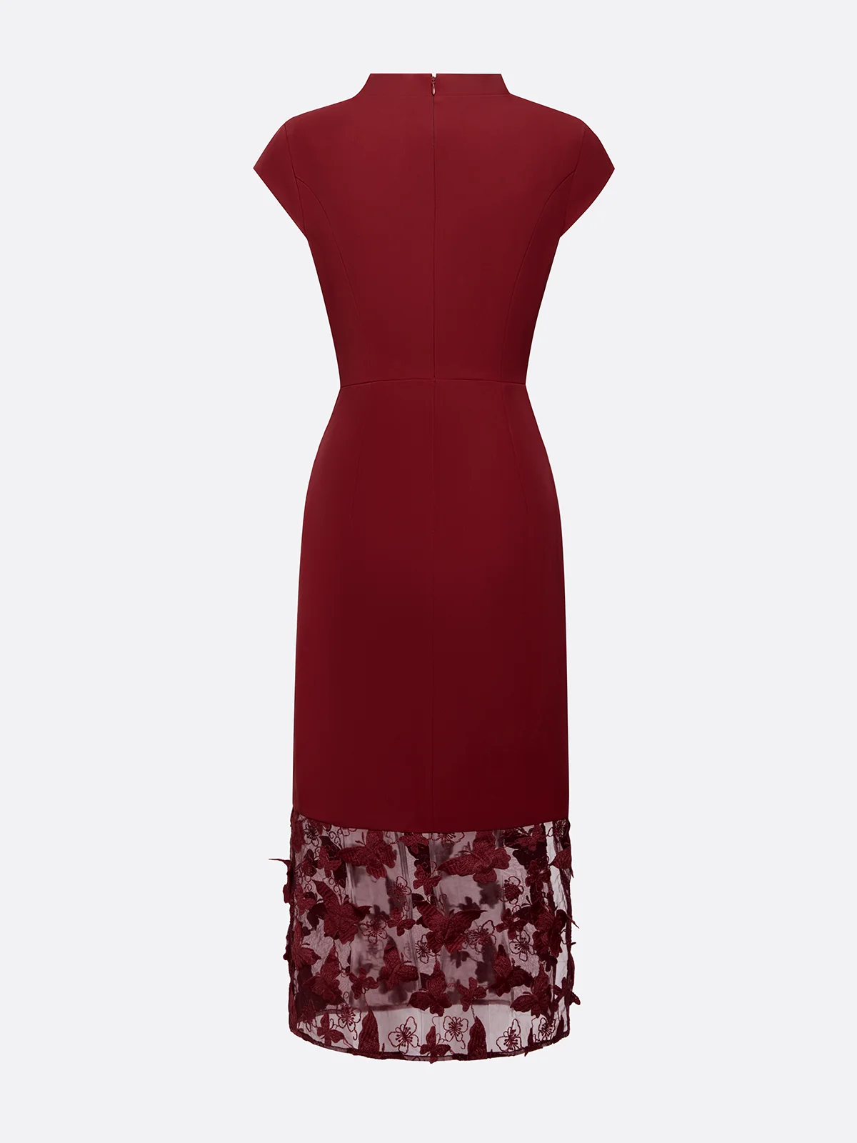 Wine Red Butterfly Lace Crew Neck Cap Sleeve Sheath Midi Dress