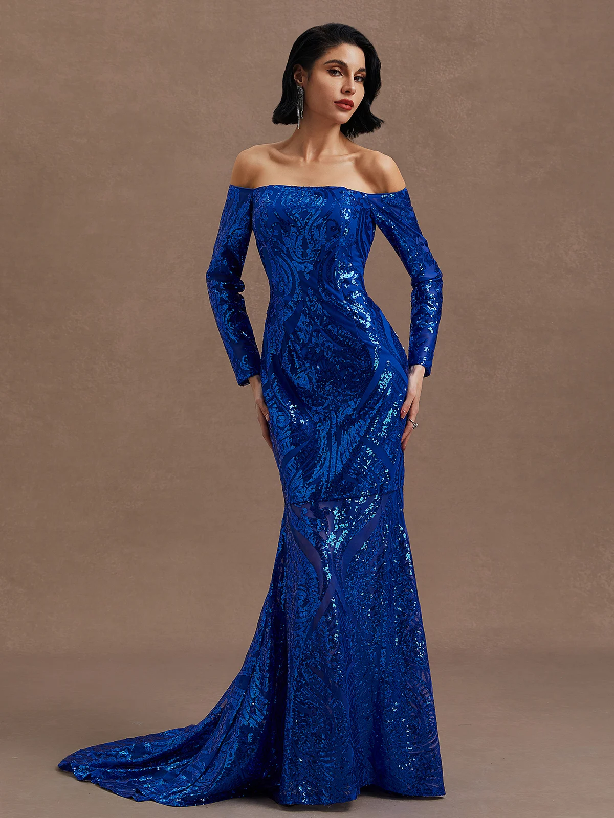 Royal Blue Glitter Wedding Dress Off The Shoulder Long Sleeve Mermaid Gown Dress