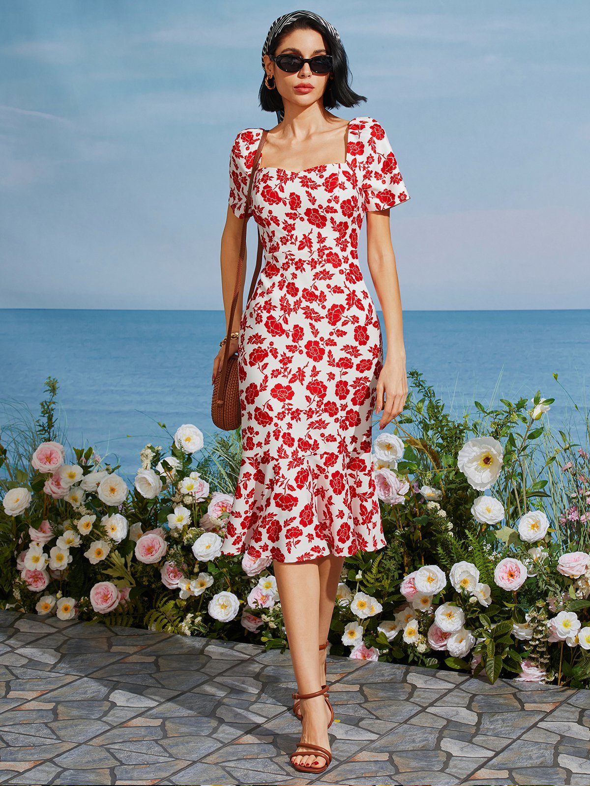 Red Floral Sweetheart Neckline Short Sleeve Mermaid Midi Dress